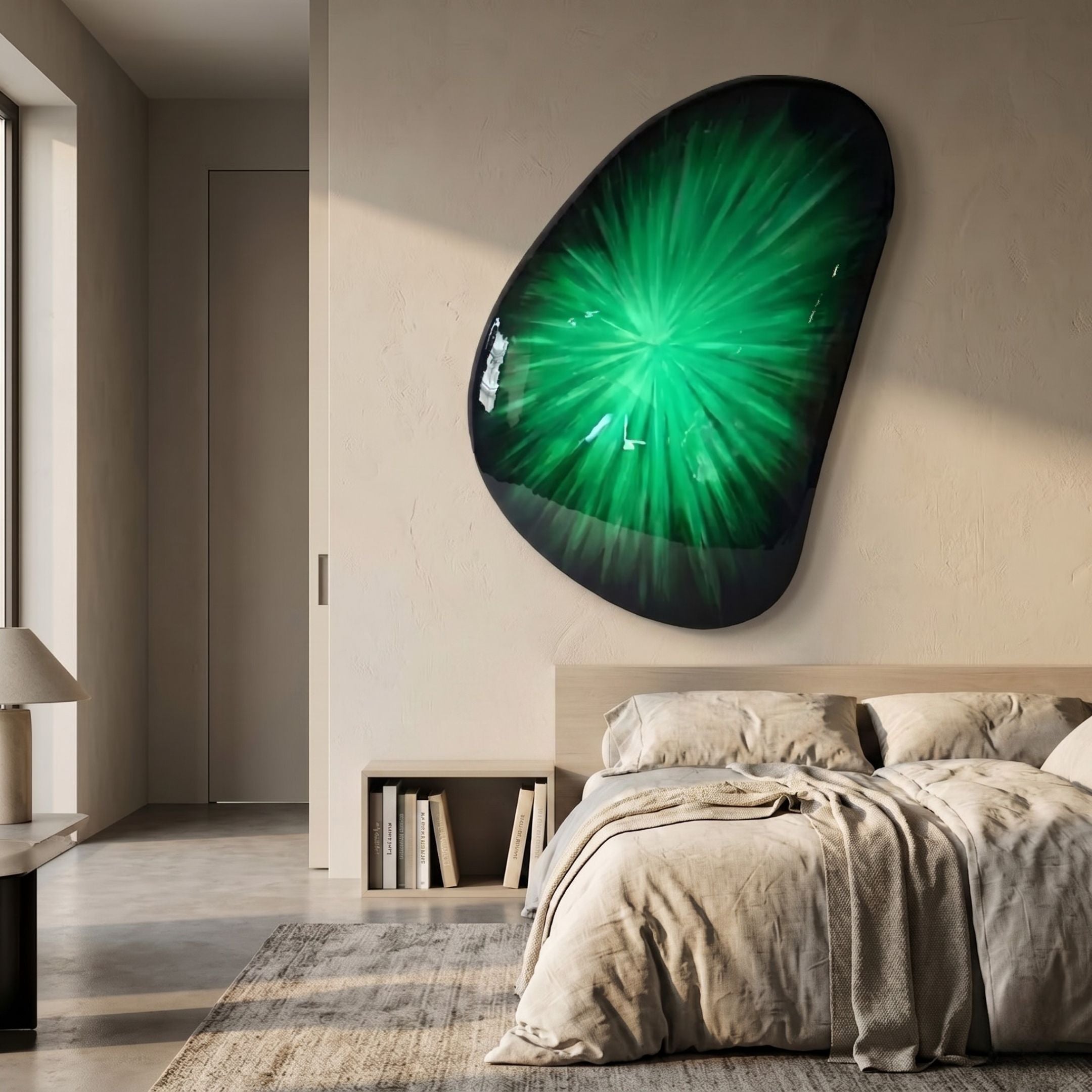 Veyora Emerald Burst 3D Relief Wall Art by Giant Sculptures, an organic-shaped panel with emerald-green radial burst on black, mounted above a bed in a neutral bedroom.