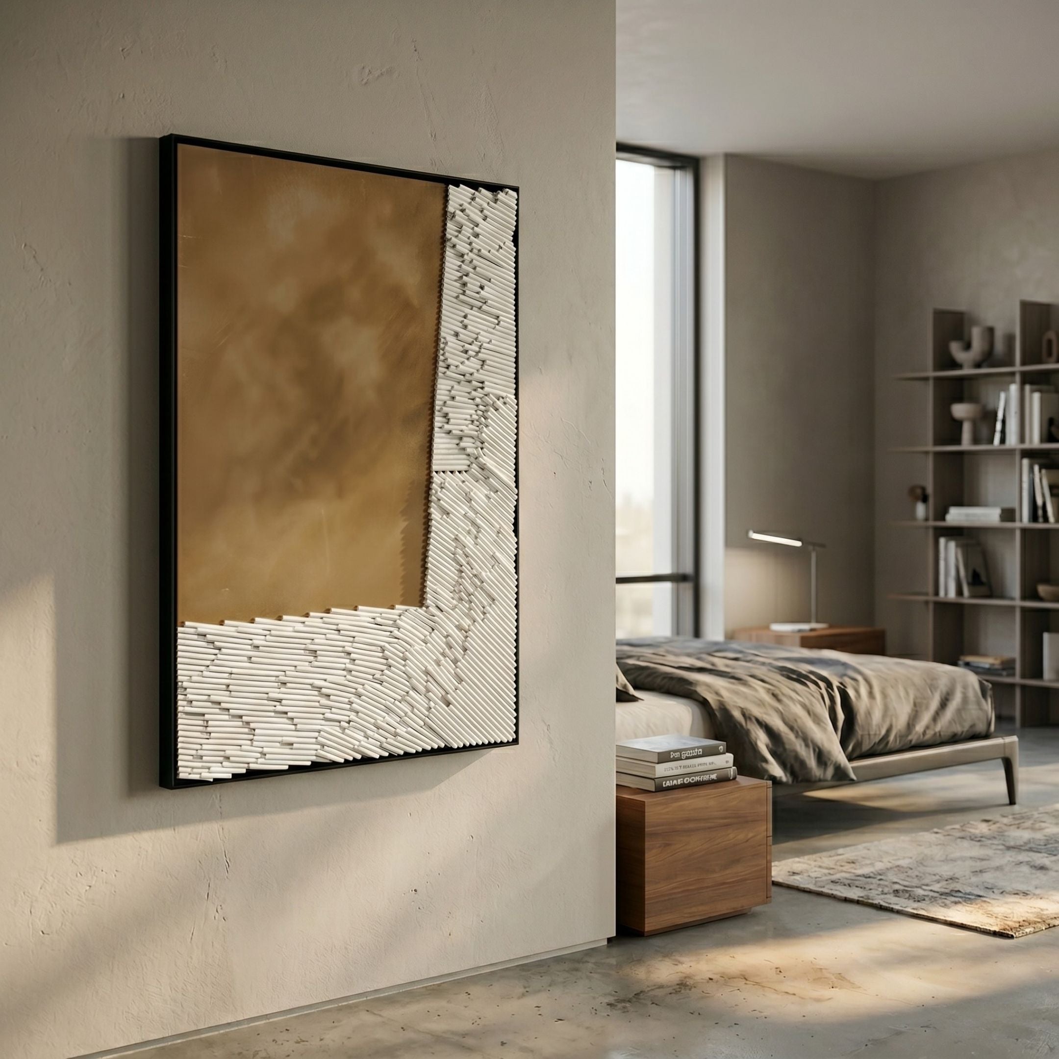 Cartura Bronze & White Angled Fold Paper 3D Wall Art by Giant Sculptures displayed on a neutral bedroom wall beside a linen-dressed bed and bookshelf.