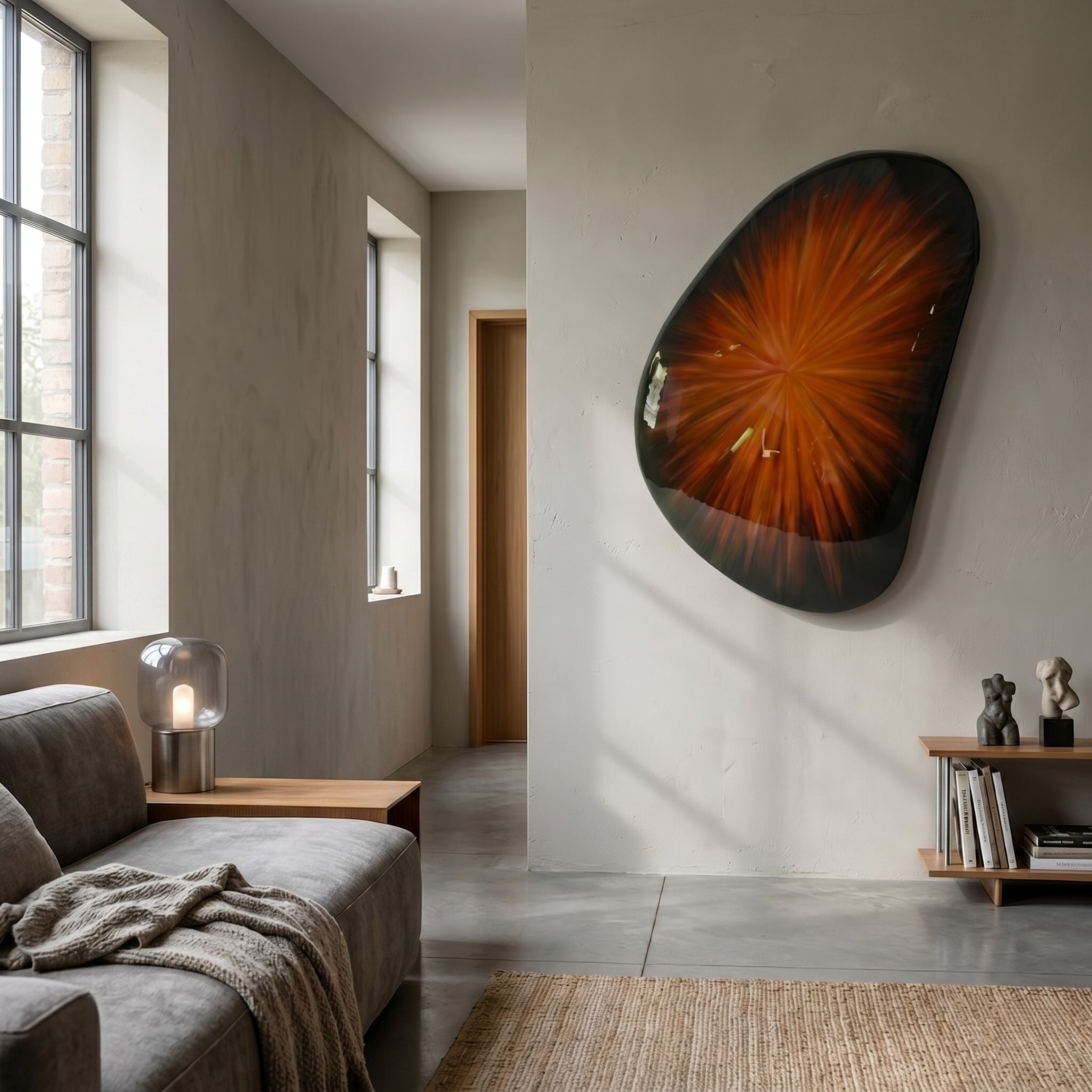 Veyora Amber Flame 3D Relief Wall Art by Giant Sculptures mounted in a modern living room with grey sofa, table lamp, and concrete floor.