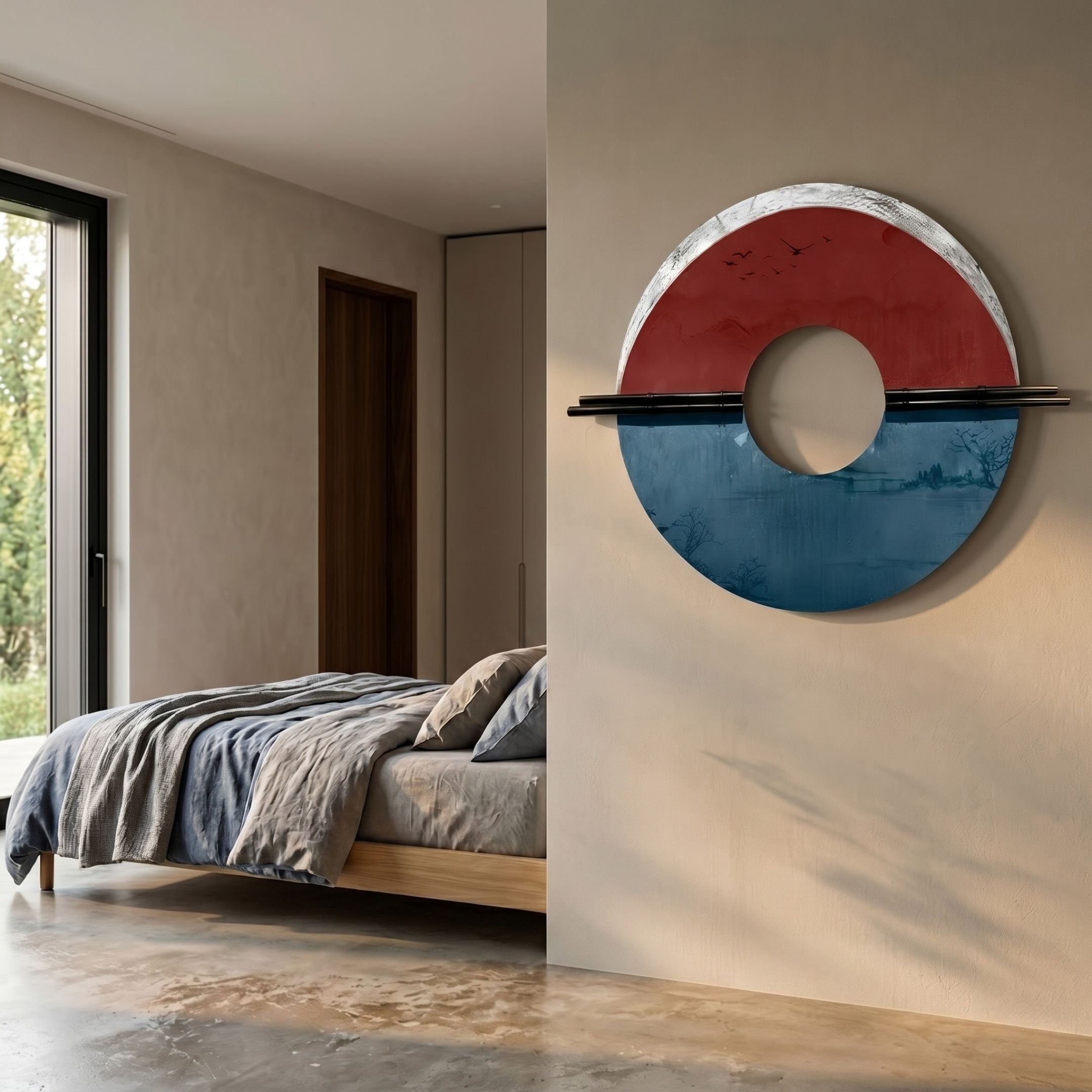 Zenithra Red & Blue Horizon Circular 3D Wall Art by Giant Sculptures mounted on a beige bedroom wall beside a wooden bed with grey linens.