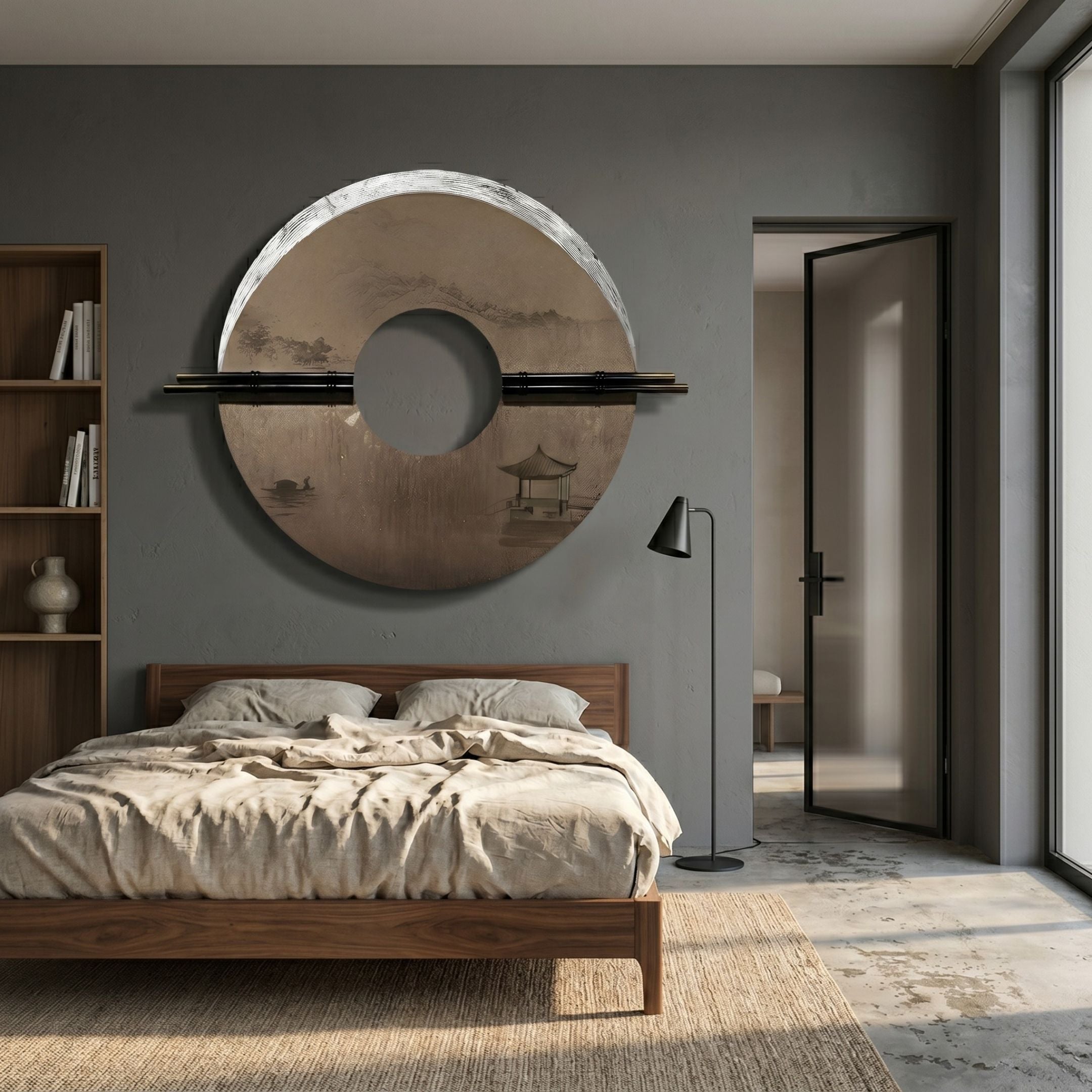 Zenithra Sepia Landscape Circular 3D Wall Art by Giant Sculptures mounted above a walnut bed, featuring a misty ink landscape with central cut-out and crossed black rods.