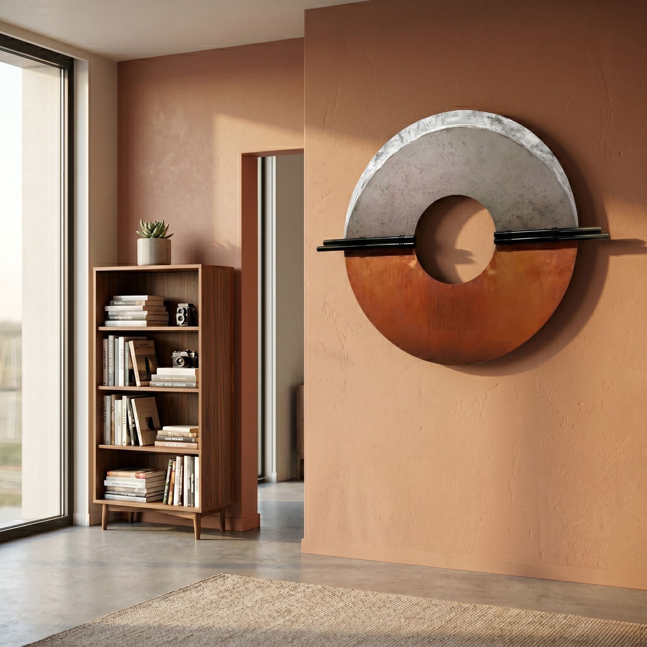 Zenithra Silver & Copper Dual-Tone Circular 3D Wall Art mounted on a terracotta wall beside a walnut bookcase in a sunlit modern living space.
