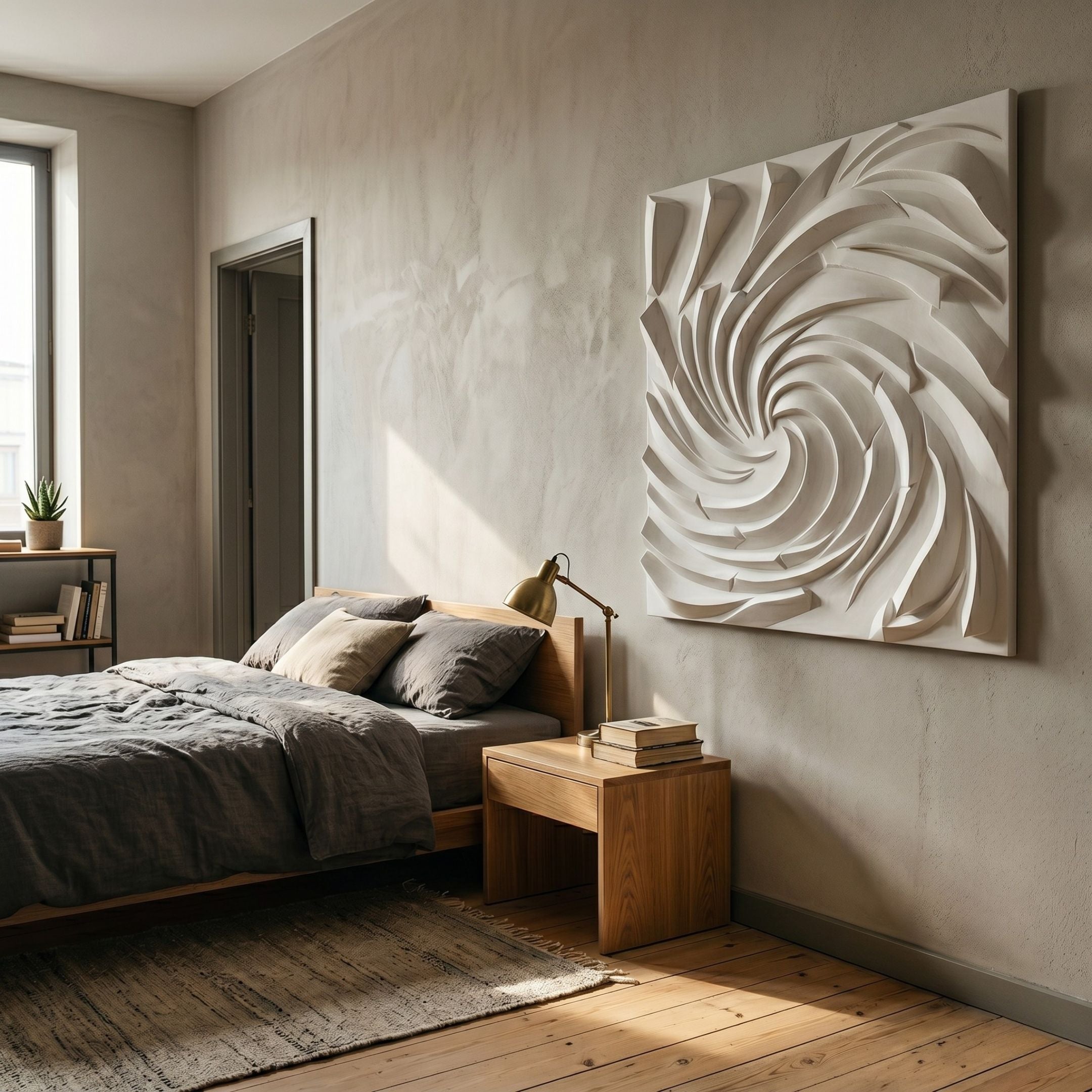 Aurevia White Swirl Textured 3D Relief Wall Art by Giant Sculptures mounted above a wooden nightstand in a minimalist bedroom with grey linen bedding.