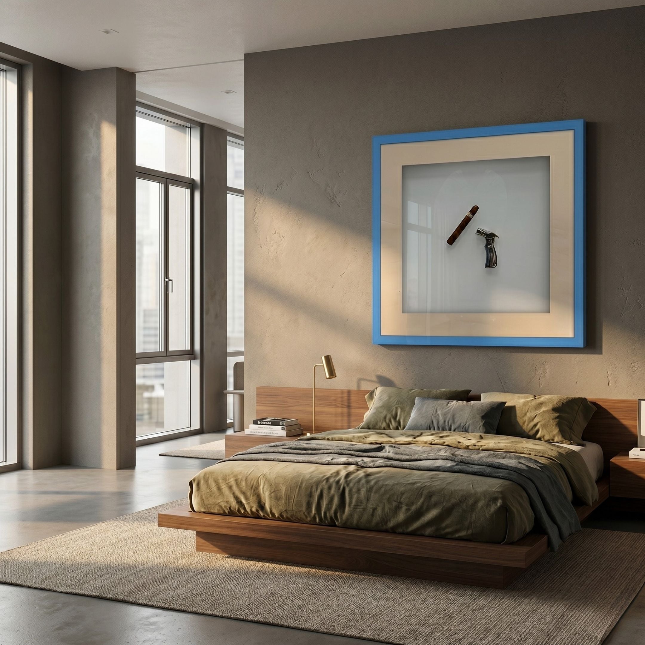 Vitara Cigar & Torch Flame Framed 3D Wall Art by Giant Sculptures, blue-framed panel with cigar and silver torch lighter, mounted above a wooden bed.