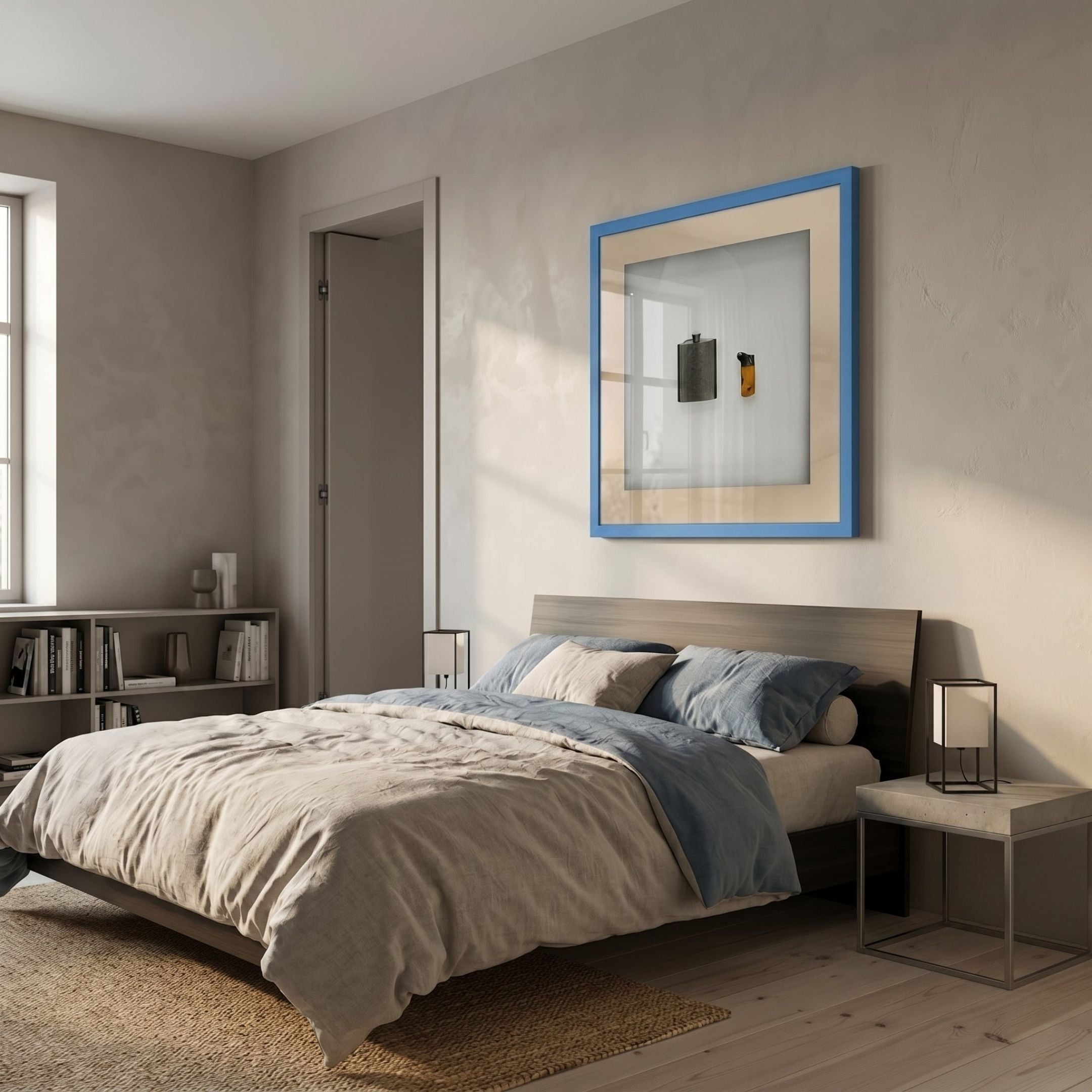 Vitara Flask & Lighter Framed 3D Wall Art by Giant Sculptures, blue-framed shadow box with metal flask and yellow lighter, hung above a bed in a bedroom.