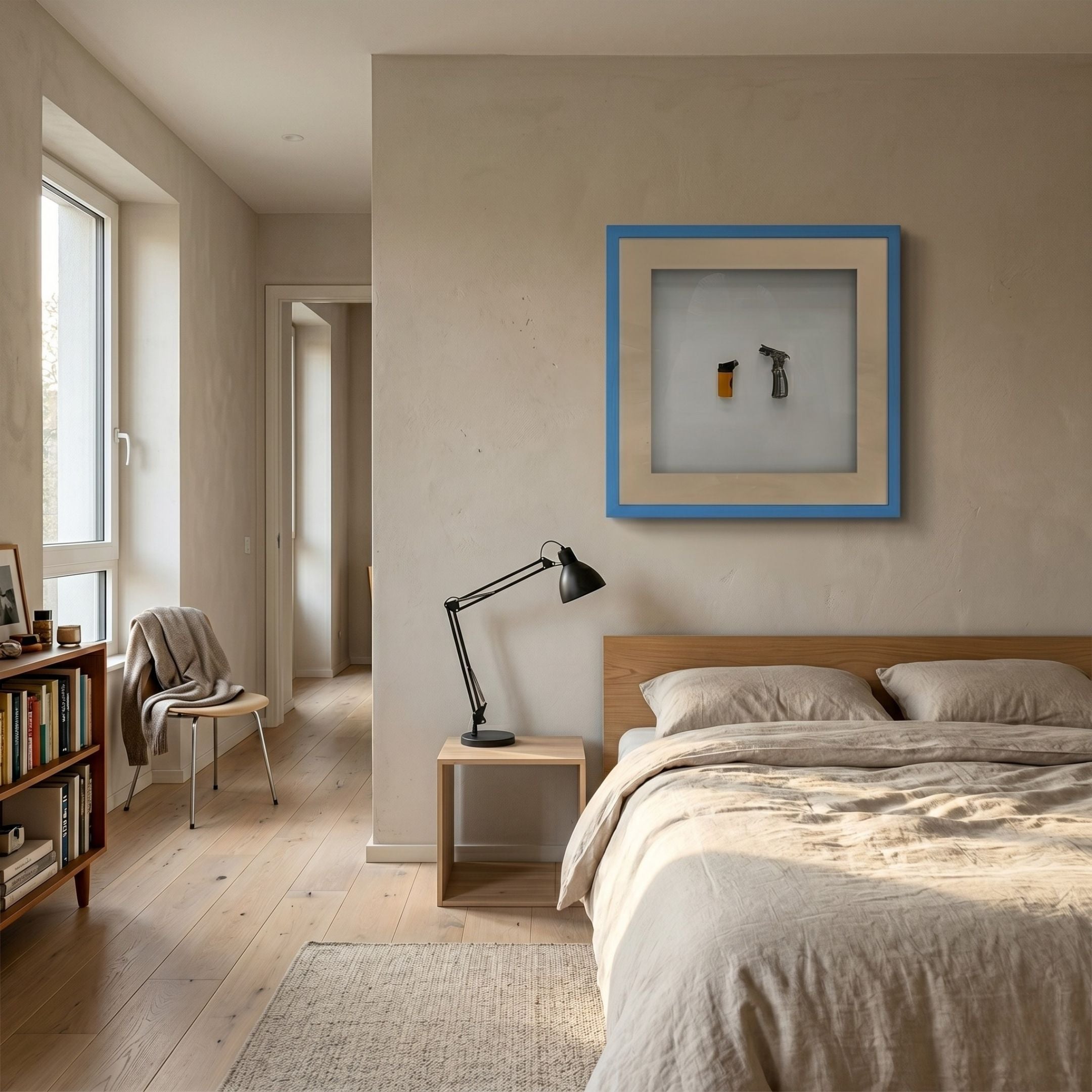 Vitara Torch Lighter & Flame Gun Framed 3D Wall Art by Giant Sculptures hung above a wooden bed with linen bedding in a neutral bedroom with oak floor.