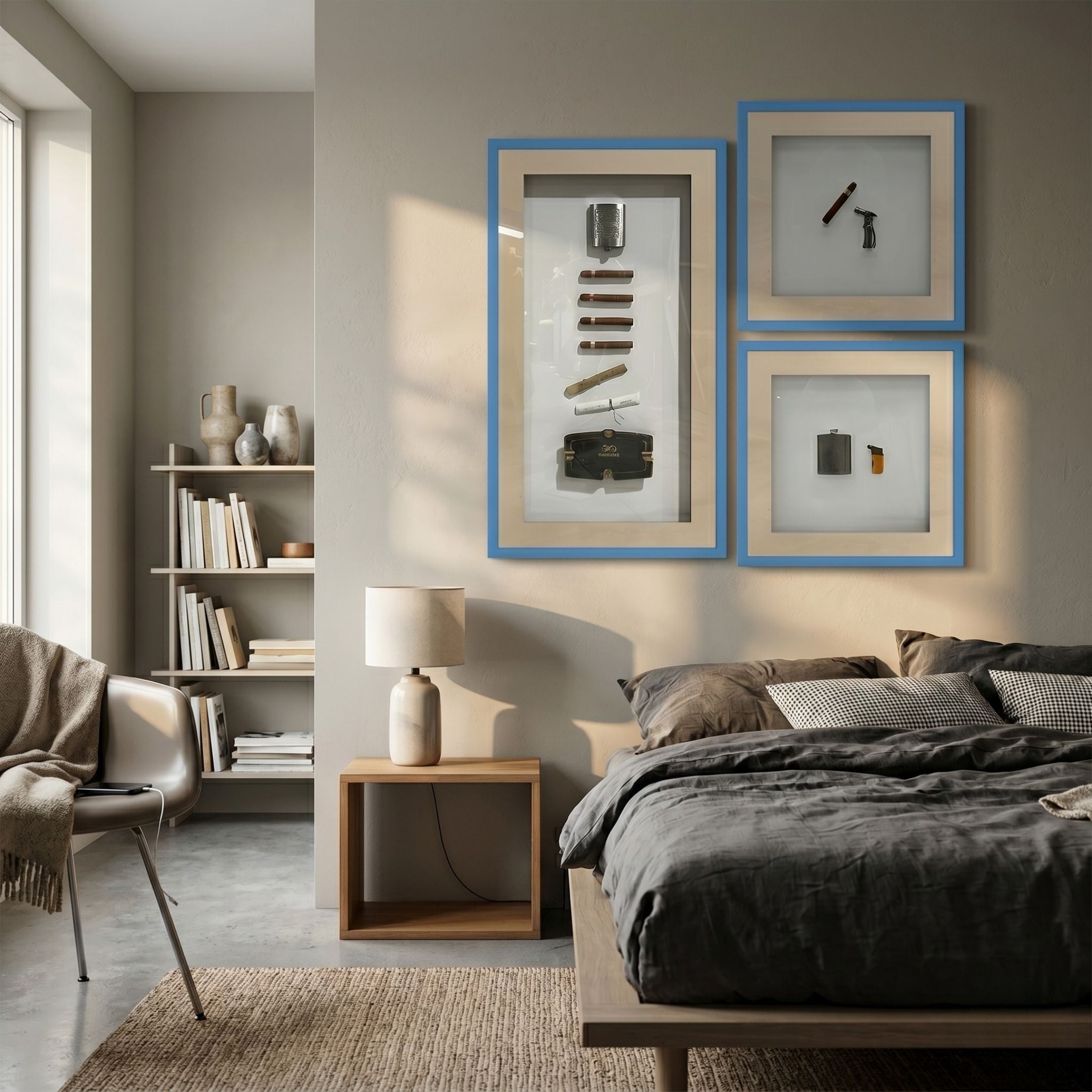 Vitara 3-Set Silver Flask & Cigar Framed 3D Wall Art by Giant Sculptures, blue-framed shadow boxes with cigars, pipe, lighter and flask, in a modern bedroom.