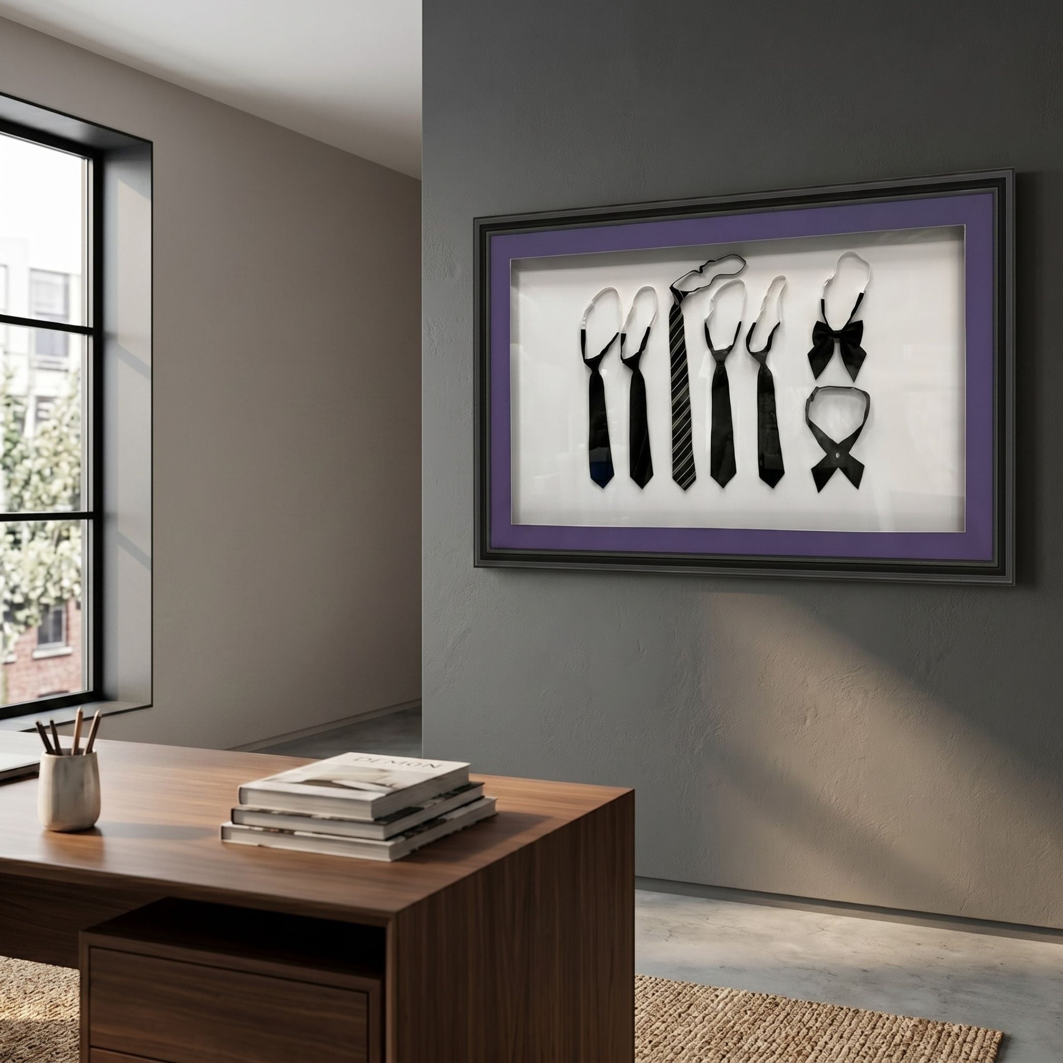 Cravatto Black Tie & Bow Framed 3D Wall Art by Giant Sculptures displayed on a grey wall above a wooden desk in a modern office with a window.