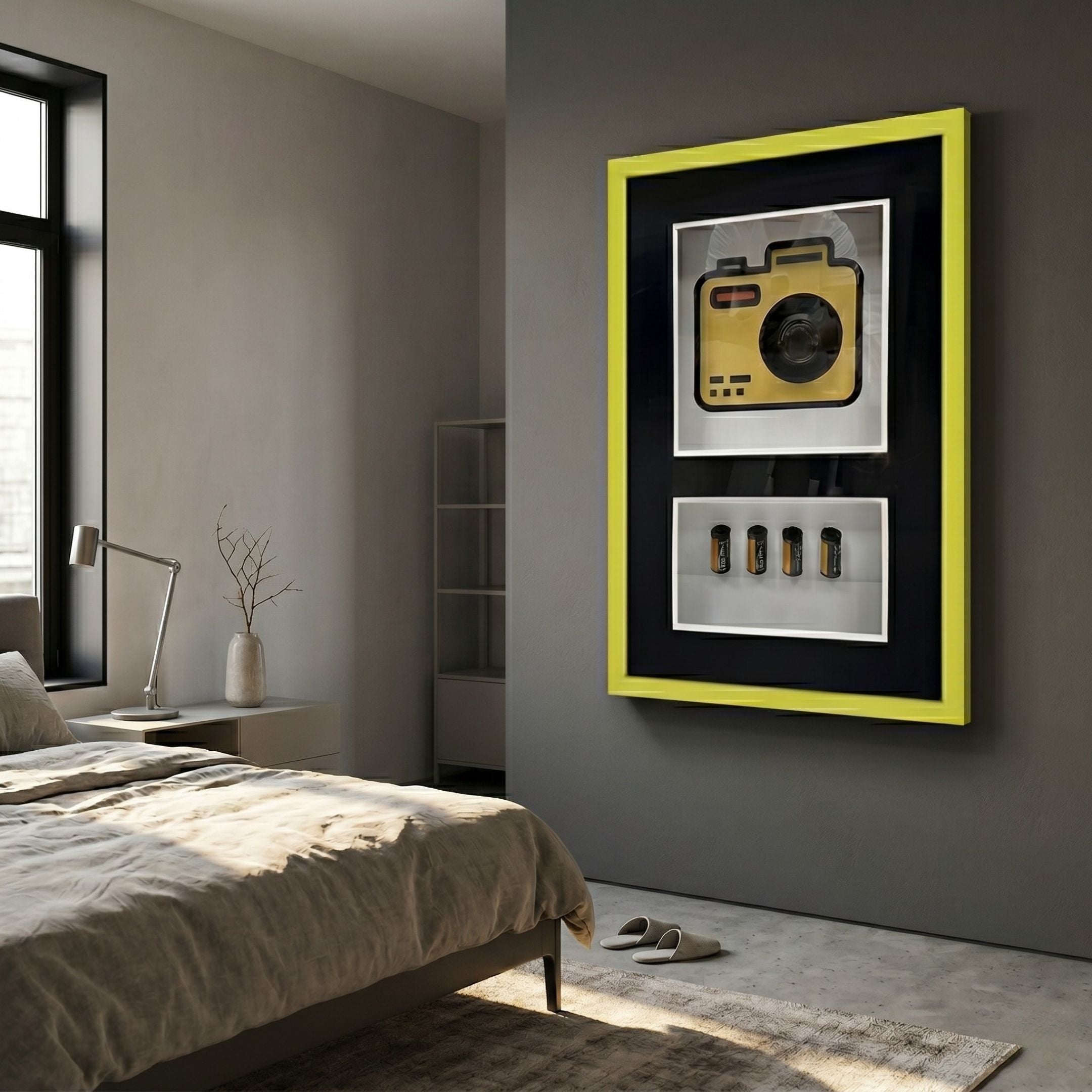 Fotura Camera & Film Roll Framed 3D Wall Art by Giant Sculptures, yellow camera and film canisters on black, mounted in a modern grey bedroom.