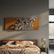 Metarix Silver & Orange Backdrop Leather 3D Wall Art by Giant Sculptures, mounted above a walnut bed with linen bedding in a modern grey bedroom.