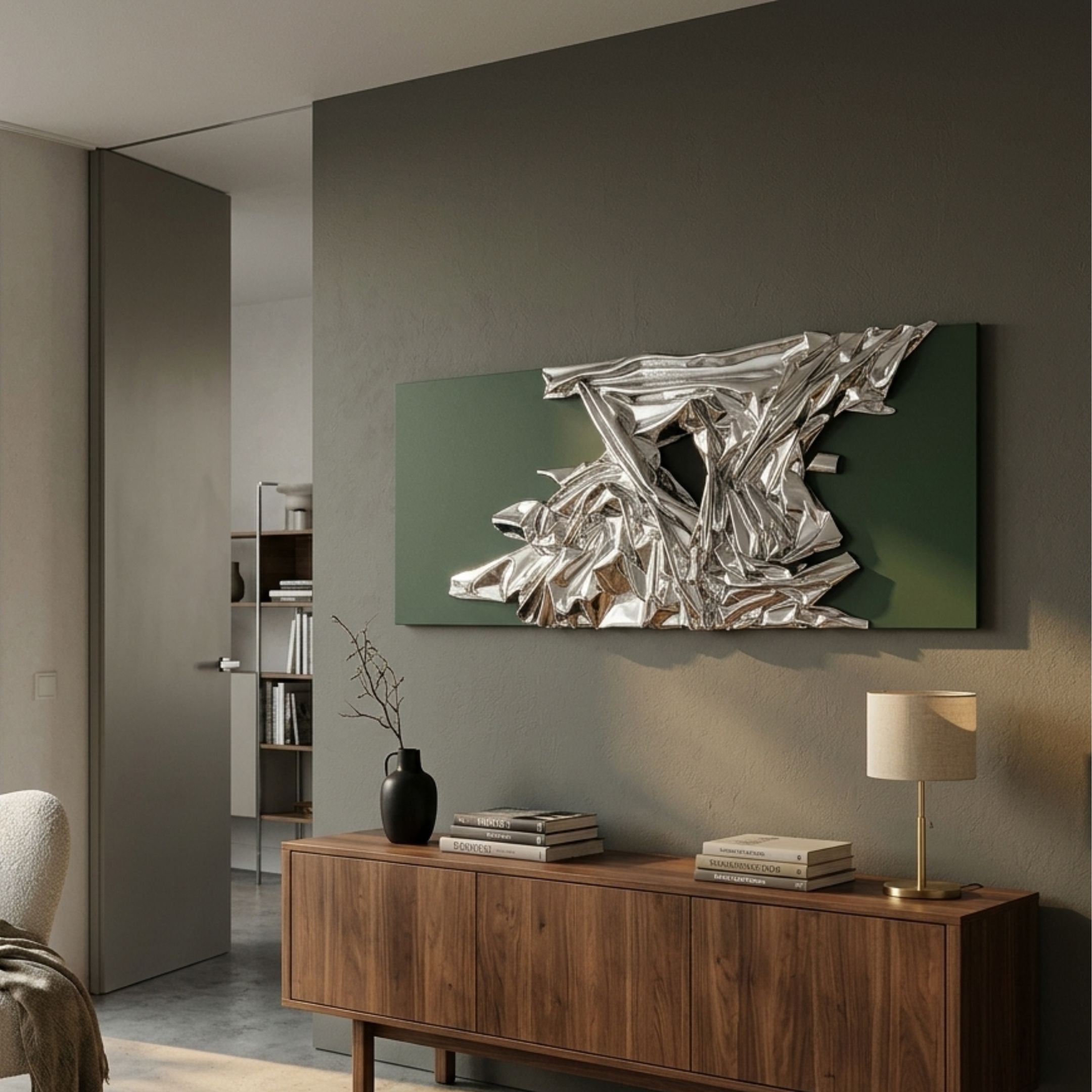 Metarix Silver & Green Backdrop Leather 3D Wall Art by Giant Sculptures mounted above a walnut sideboard with a black vase and lamp in a modern grey-walled room.