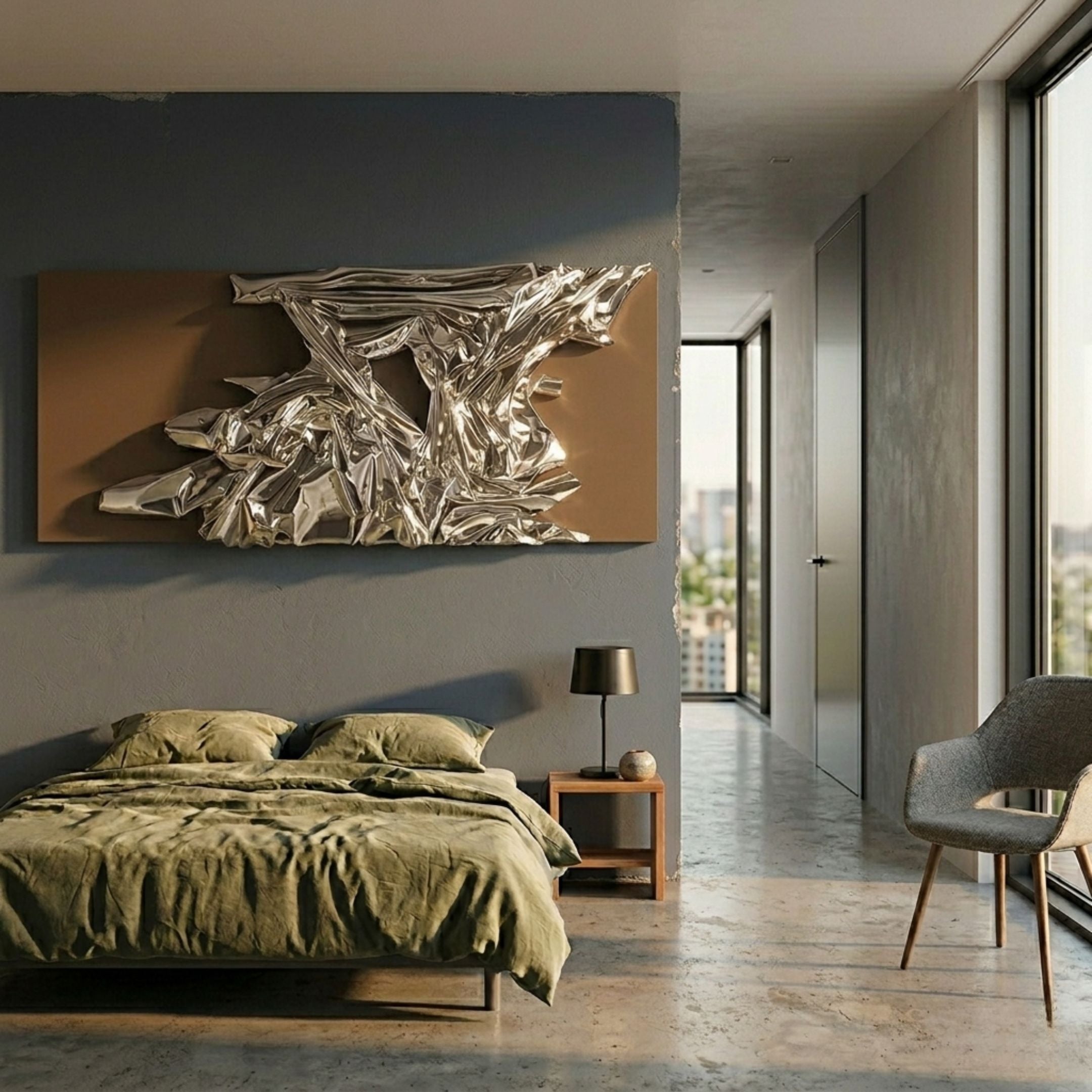Metarix Silver & Brown Backdrop Leather 3D Wall Art mounted above a bed with olive bedding in a modern concrete-floored bedroom with city-view windows.