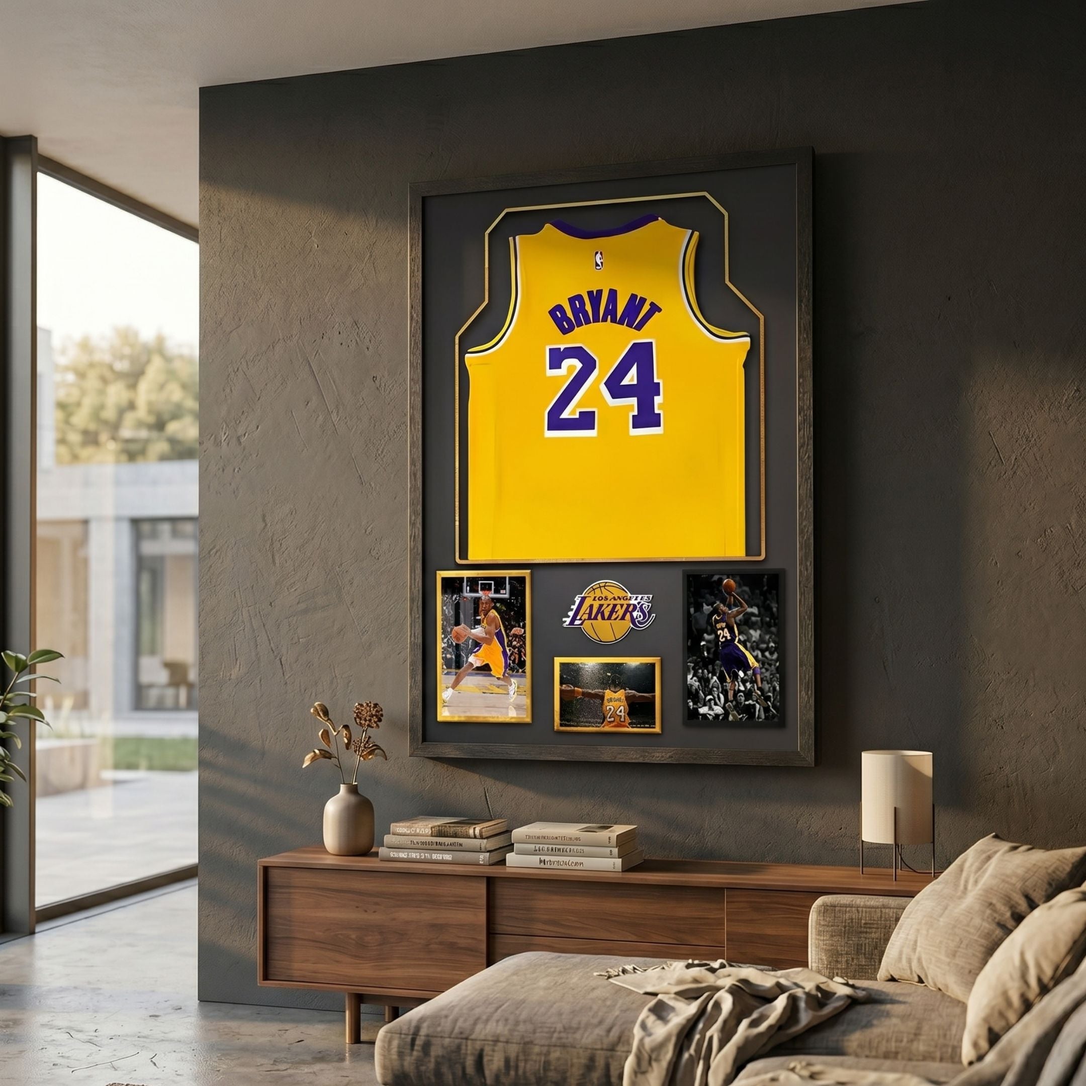 Legends Kobe Bryant #24 Lakers Jersey Framed Wall Art by Giant Sculptures, displayed on a dark wall above a walnut console in a modern living room.