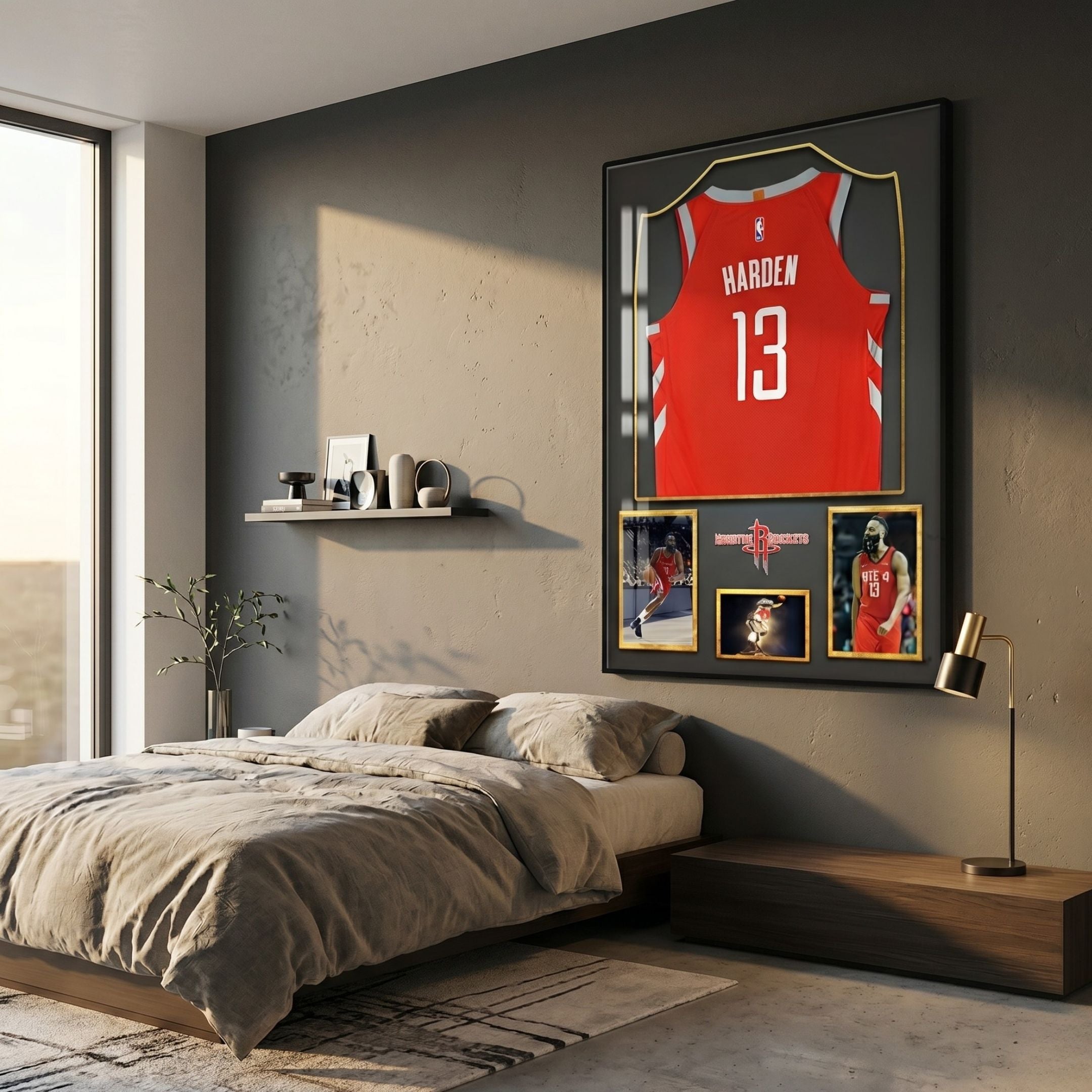 Legends James Harden #13 Jersey Framed Wall Art by Giant Sculptures displayed above a low platform bed with beige linens, shelf, and floor lamp.