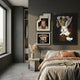 Fantoria 3-Set Cards Genius Oil Canvas Wall Art by Giant Sculptures displayed above a bed, pairing a king of spades, casino symbols, and Victorian rabbit panels.