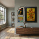 Fantoria 3-Set Abstract Portrait Oil Canvas Wall Art by Giant Sculptures, featuring a figure, Van Gogh sunflowers, and a cat portrait above a walnut sideboard.