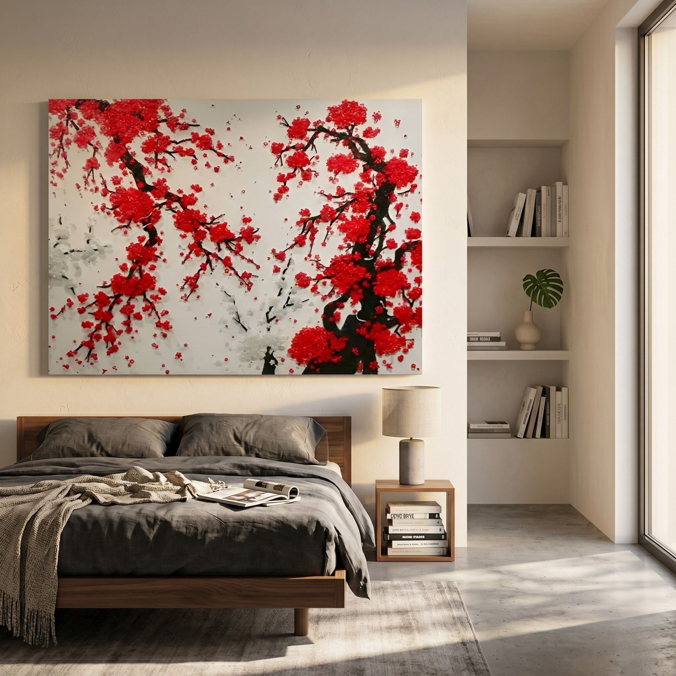 Hanabira II Red & White Blossom 3D Button Wall Art by Giant Sculptures displayed above a wooden bed with grey linens in a sunlit minimalist bedroom.
