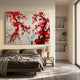 Hanabira II Red & White Blossom 3D Button Wall Art by Giant Sculptures displayed above a wooden bed with grey linens in a sunlit minimalist bedroom.