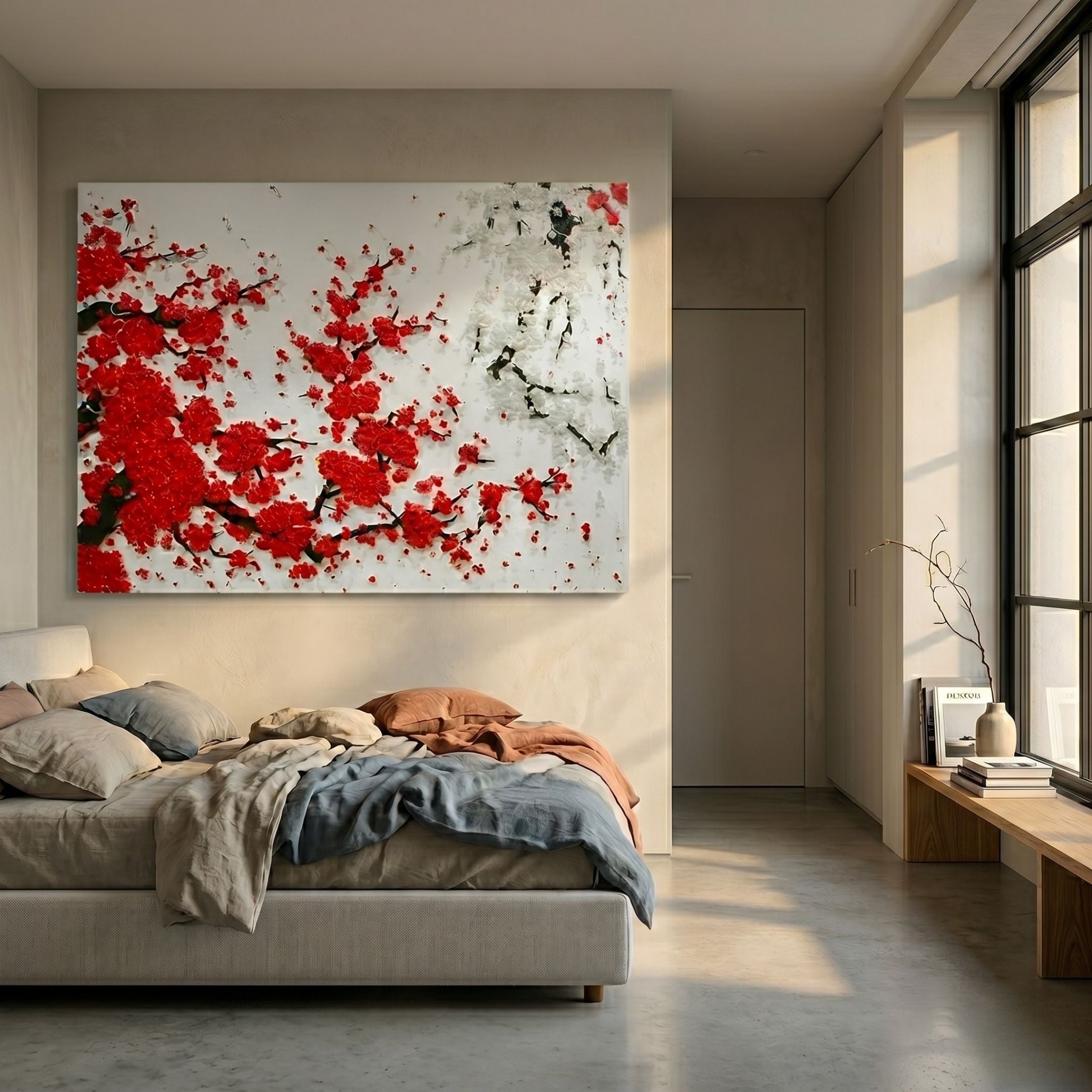 Hanabira I Red & White Blossom 3D Button Wall Art by Giant Sculptures displayed above a low bed with linen bedding in a sunlit minimalist bedroom.
