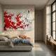 Hanabira I Red & White Blossom 3D Button Wall Art by Giant Sculptures displayed above a low bed with linen bedding in a sunlit minimalist bedroom.