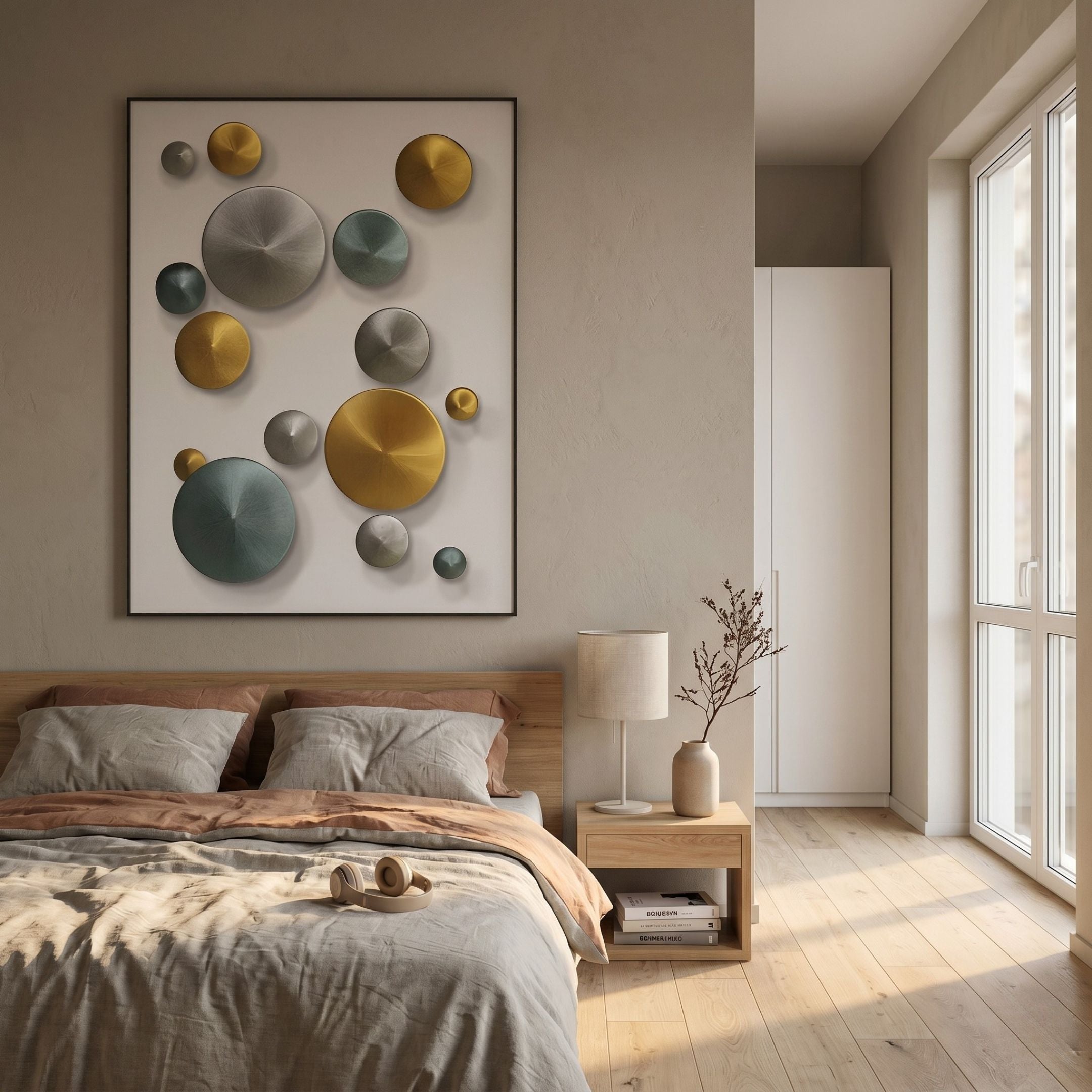Giant Sculptures Orbienta IV Multi-Tone Disc Cluster 3D Wall Art with raised silver, gold, and teal discs on a white panel above a bed in a Nordic bedroom.