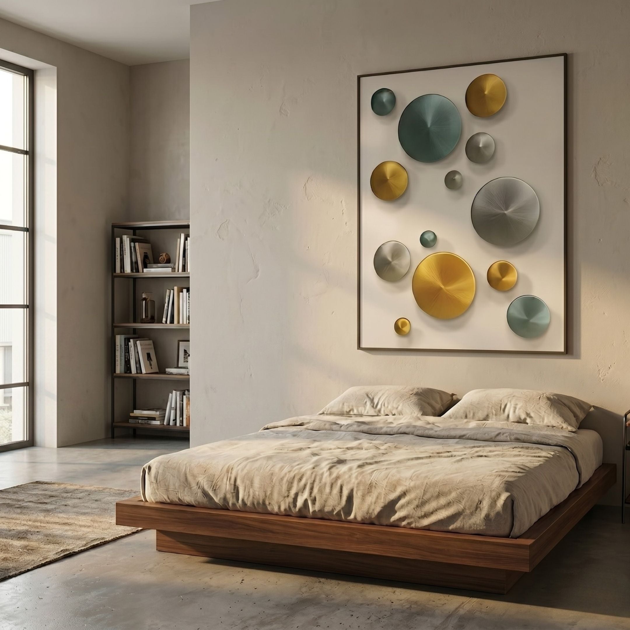 Orbienta II Multi-Tone Disc Cluster 3D Wall Art by Giant Sculptures, featuring gold, silver, and teal metallic discs in a black frame above a wooden platform bed.