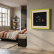 Tabacora Hip Flask & Lighter Framed 3D Wall Art by Giant Sculptures, light-green frame with beige mat and black backing, displayed on a bedroom wall beside a linen bed.