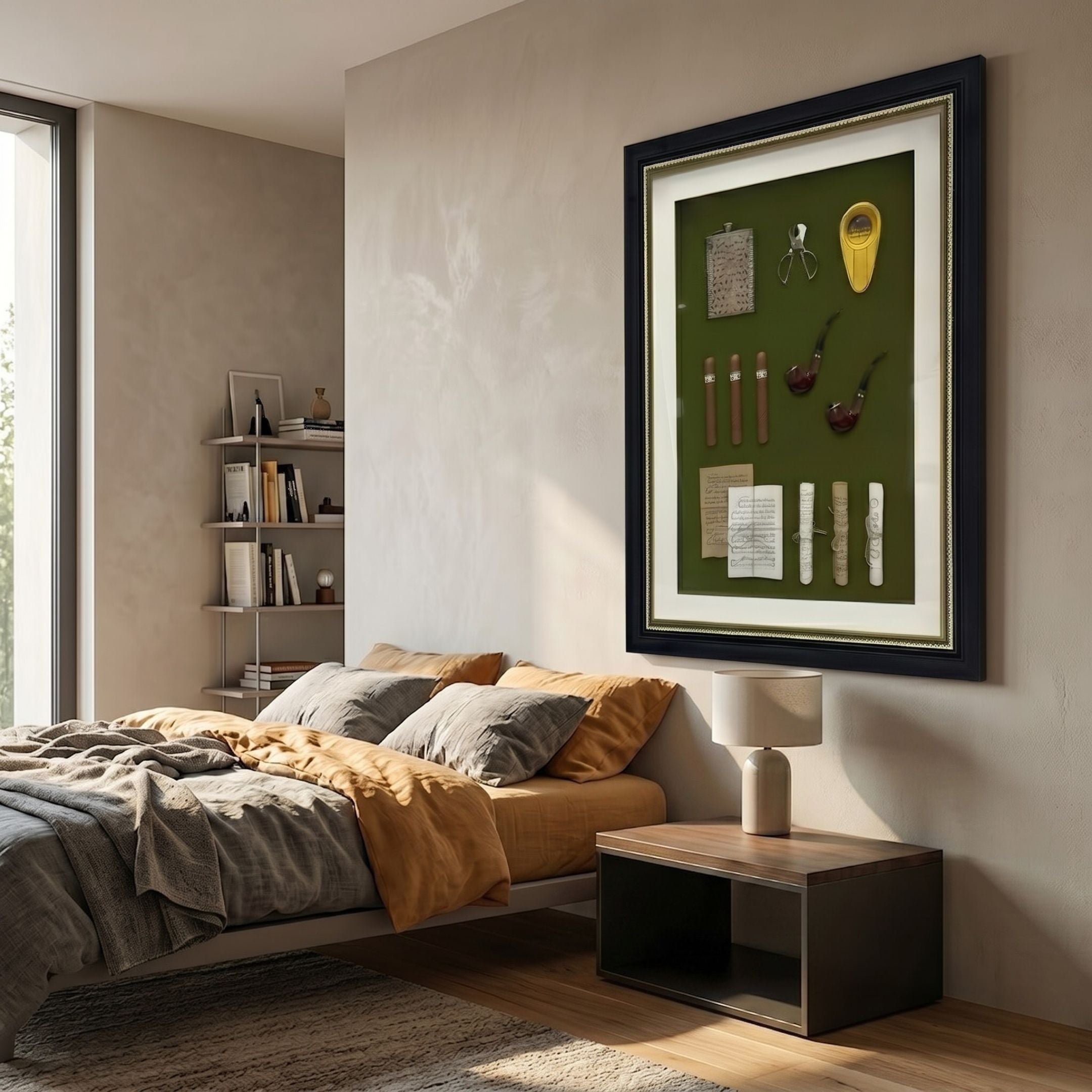 Valdoro Vintage Cigar & Pipe Framed 3D Wall Art by Giant Sculptures, displayed on a beige bedroom wall above a nightstand and bed with grey and tan linens.