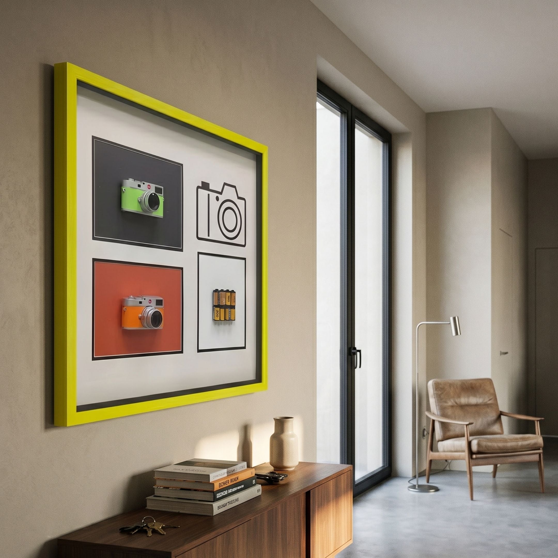 Fotura Cameras & Film Roll Square Framed 3D Wall Art by Giant Sculptures in a yellow frame, mounted on a beige hallway wall above a wooden console.
