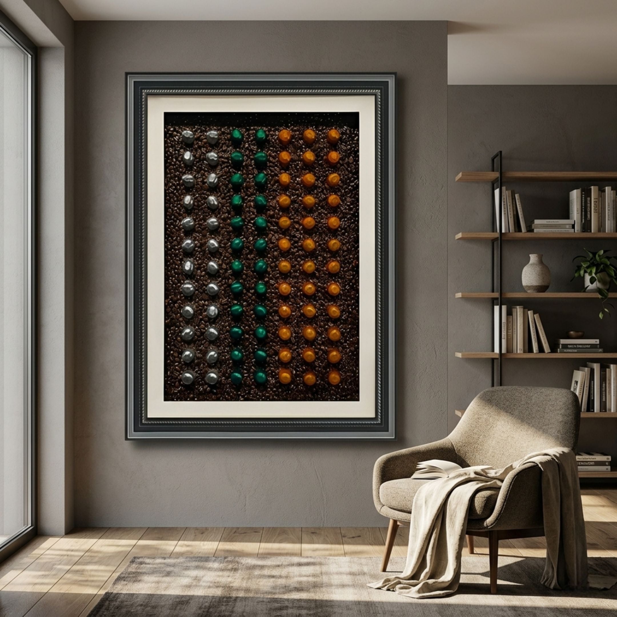 Brewvara Coffee Capsule Grid Framed 3D Wall Art by Giant Sculptures, with silver, green, and orange capsules on a dark textured panel, hung in a modern reading nook.