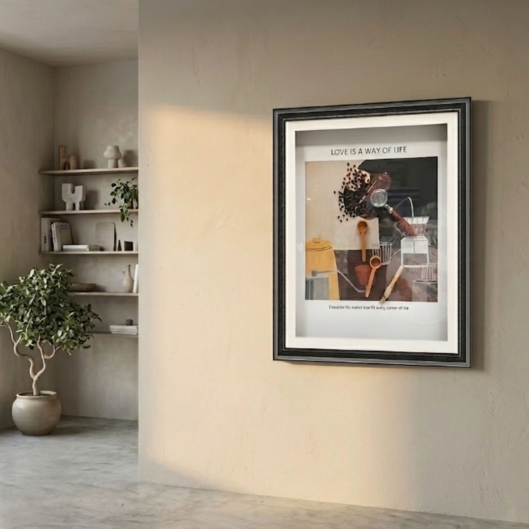 Brewvara Coffee Tools & Beans Framed 3D Wall Art in a dark wooden frame, mounted on a beige wall beside shelves with ceramics and a potted tree.
