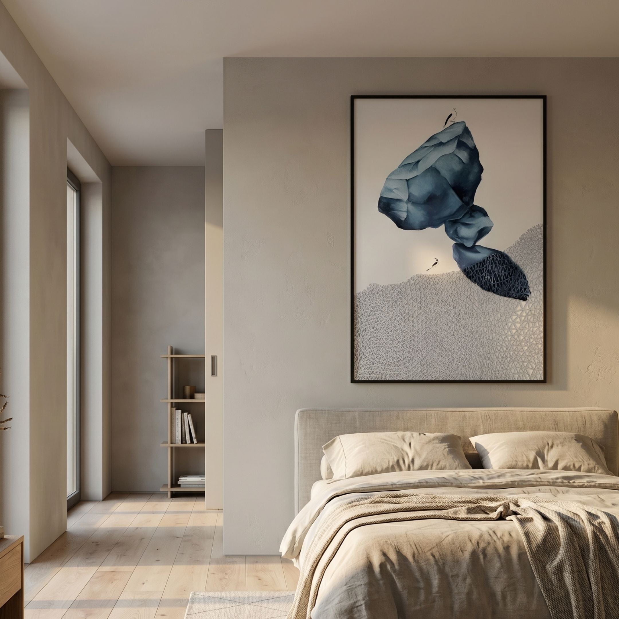 Avalora I Blue Crest Abstract Geometric 3D Wall Art by Giant Sculptures displayed above a linen bed in a neutral bedroom with pale oak flooring.
