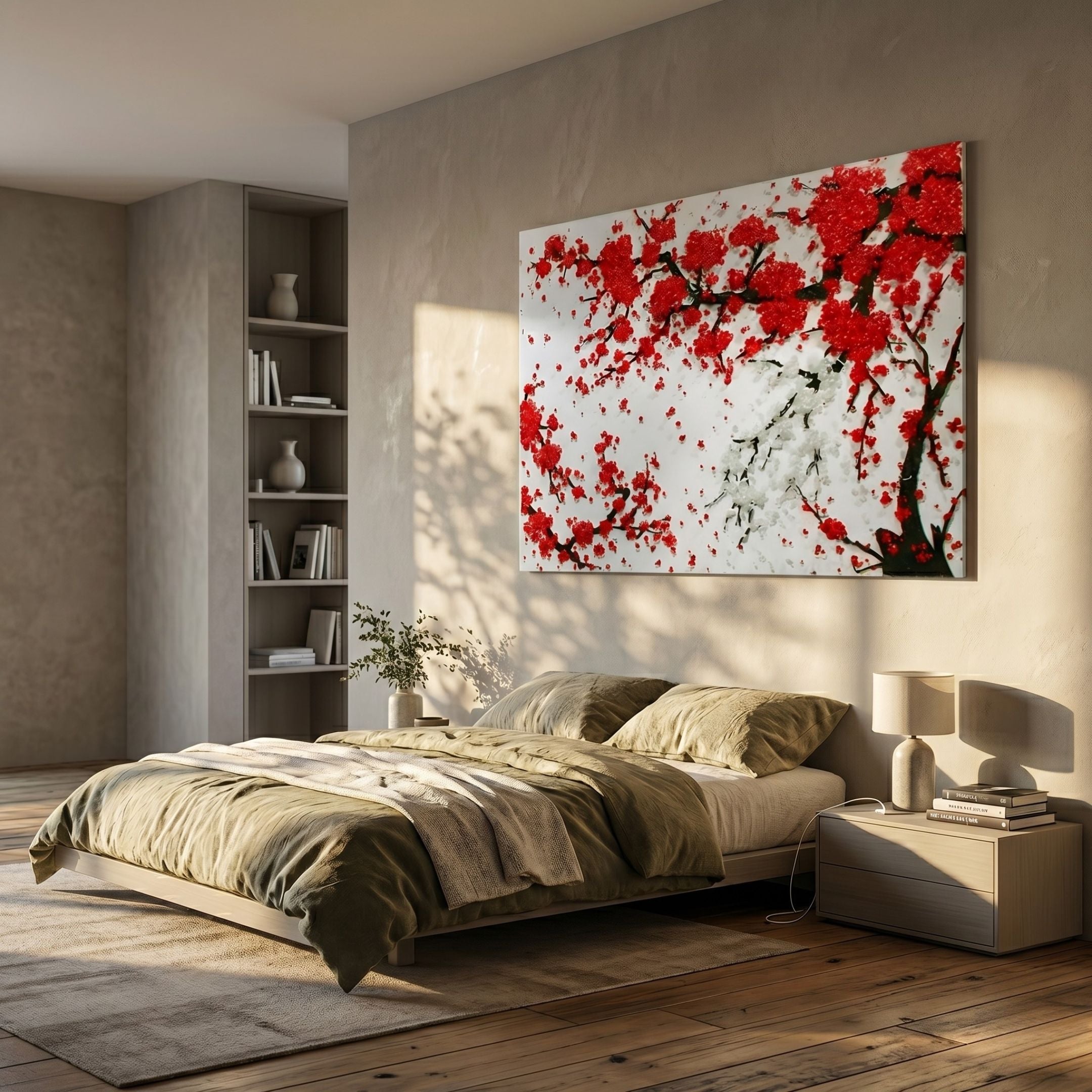 Giant Sculptures Hanabira III Red & White Blossom 3D Button Wall Art displayed above a low bed with olive bedding in a sunlit neutral bedroom.