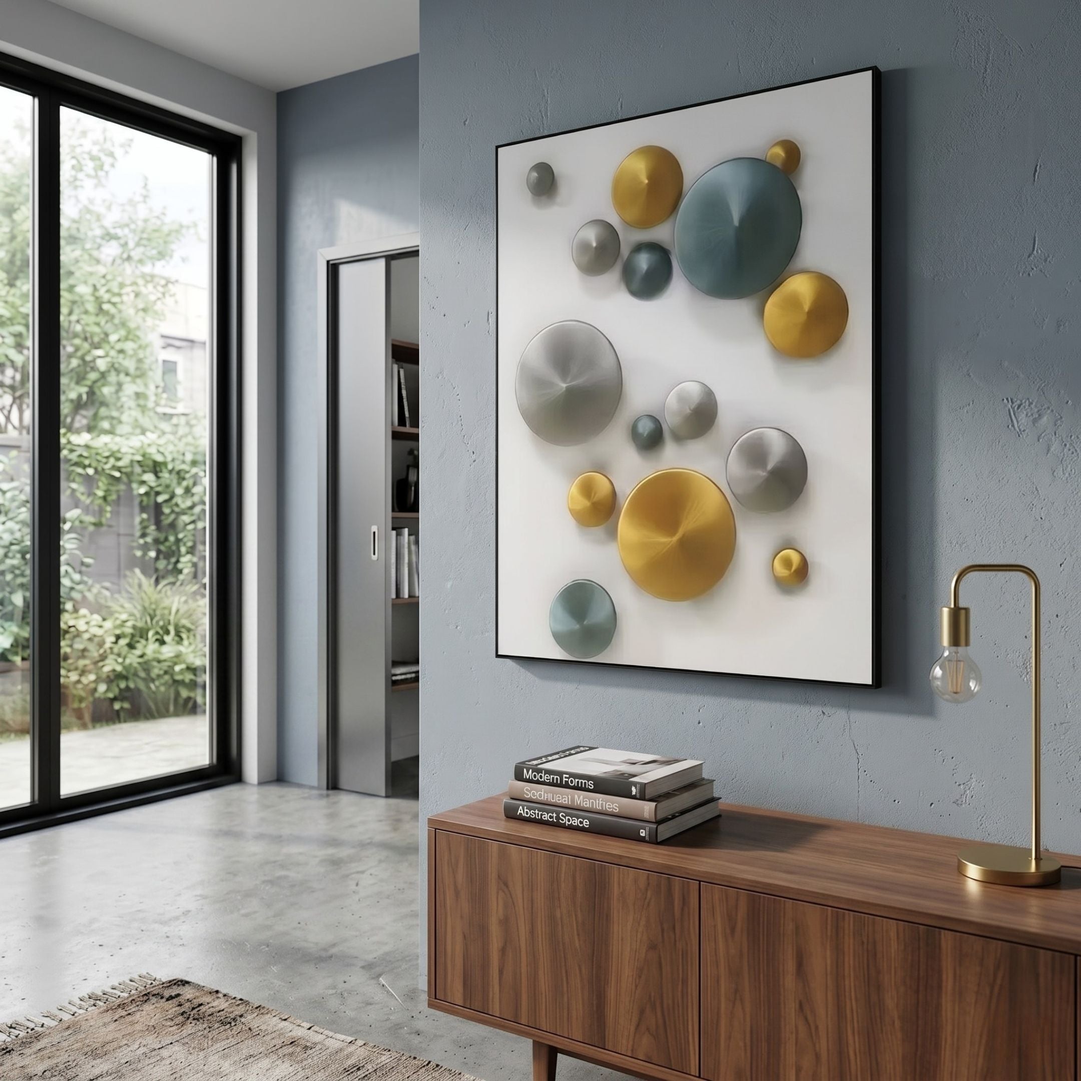 Orbienta I Multi-Tone Disc Cluster 3D Wall Art by Giant Sculptures with gold, silver, and teal metallic discs, mounted on a grey wall above a walnut sideboard.