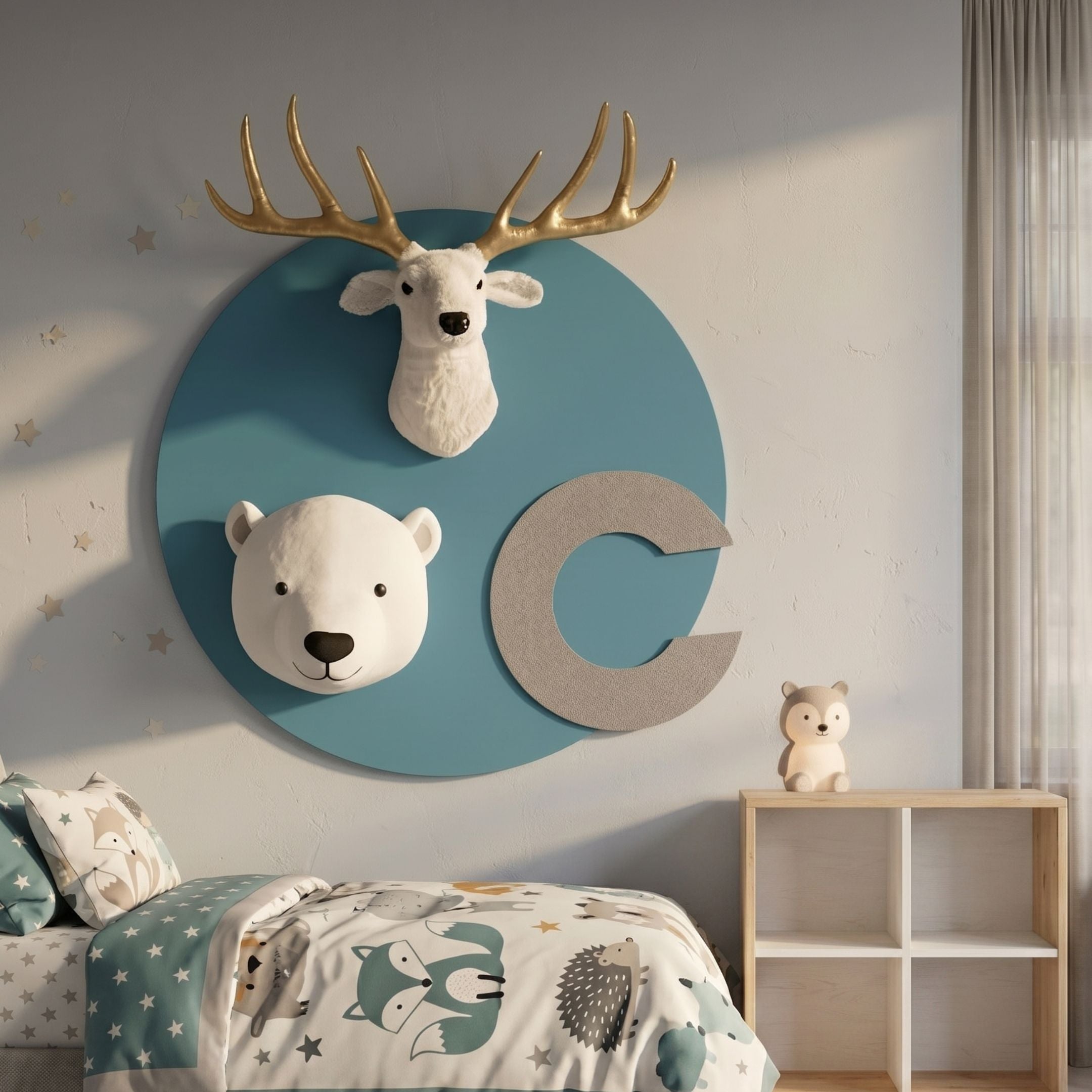 Animora Polar Bear & Stag Kids Plush 3D Wall Art by Giant Sculptures on a teal round panel, with gold-antlered white stag, polar bear, and grey letter C.