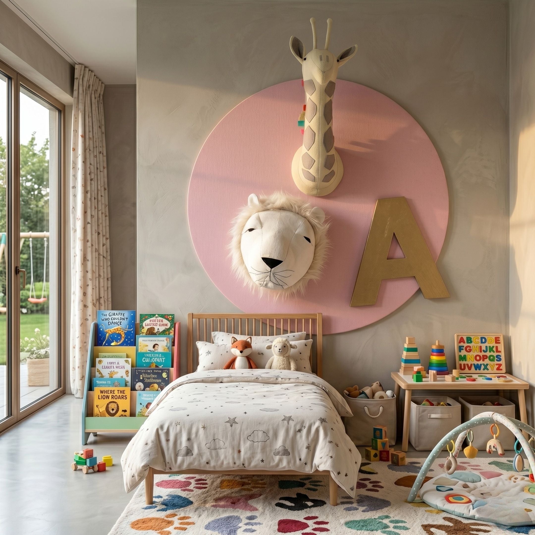 Animora Giraffe & Lion Kids Plush 3D Wall Art by Giant Sculptures, with plush animal heads on a pink circle and tan letter A, above a child's bed.