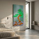 Zenora Bonsai Tree Crystal Inlaid 3D Wall Art by Giant Sculptures, with green crystal foliage and gold trunk, mounted in a minimalist bedroom beside a floor lamp.