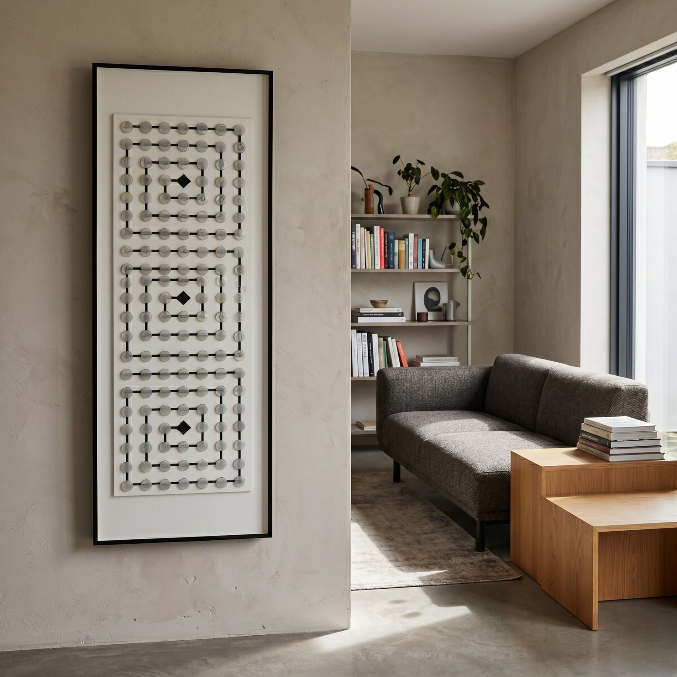 Lunaro White Jade Grid Vertical 3D Wall Art by Giant Sculptures displayed on a beige plaster wall beside a modern living room with grey sofa and bookshelf.