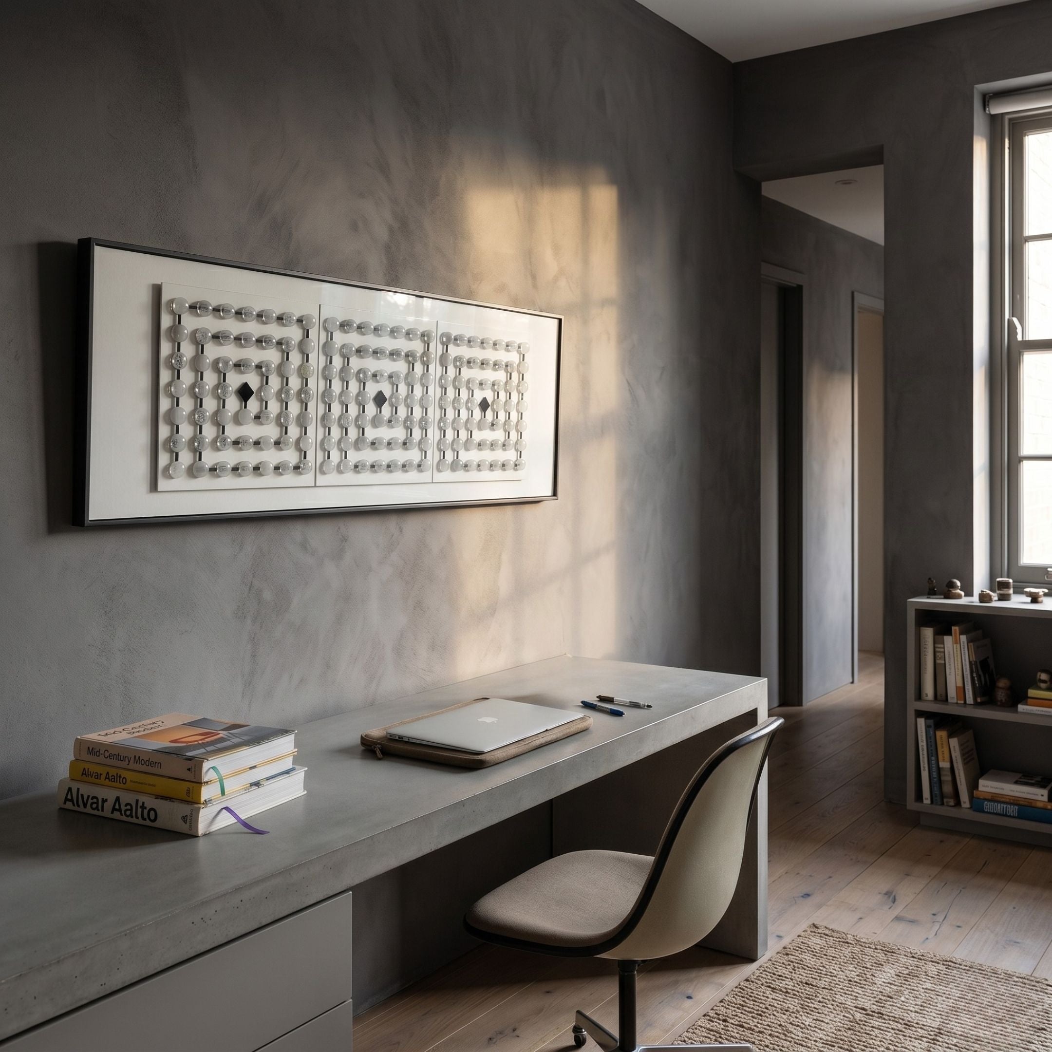 Lunaro White Jade Grid Horizontal 3D Wall Art by Giant Sculptures mounted above a concrete desk with laptop and design books in a grey-walled home office.