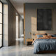 Linevo Black Linear Geometry 3D Wall Art in a gold frame mounted above a wooden nightstand in a modern bedroom with blue and rust bedding.