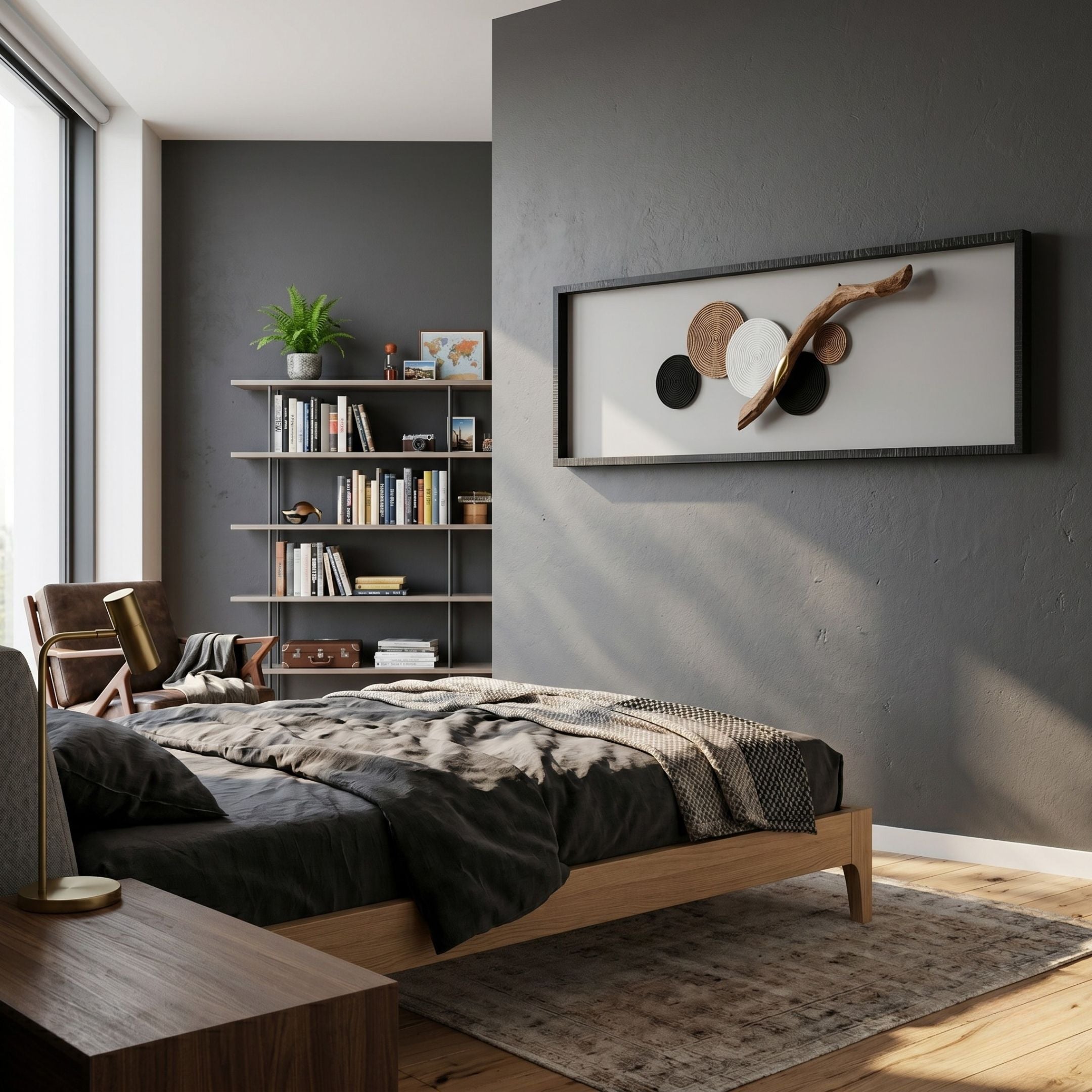 Erynoa Natural Branch & Woven Circle 3D Wall Art by Giant Sculptures mounted above a wooden bed in a modern grey bedroom with bookshelf and armchair.
