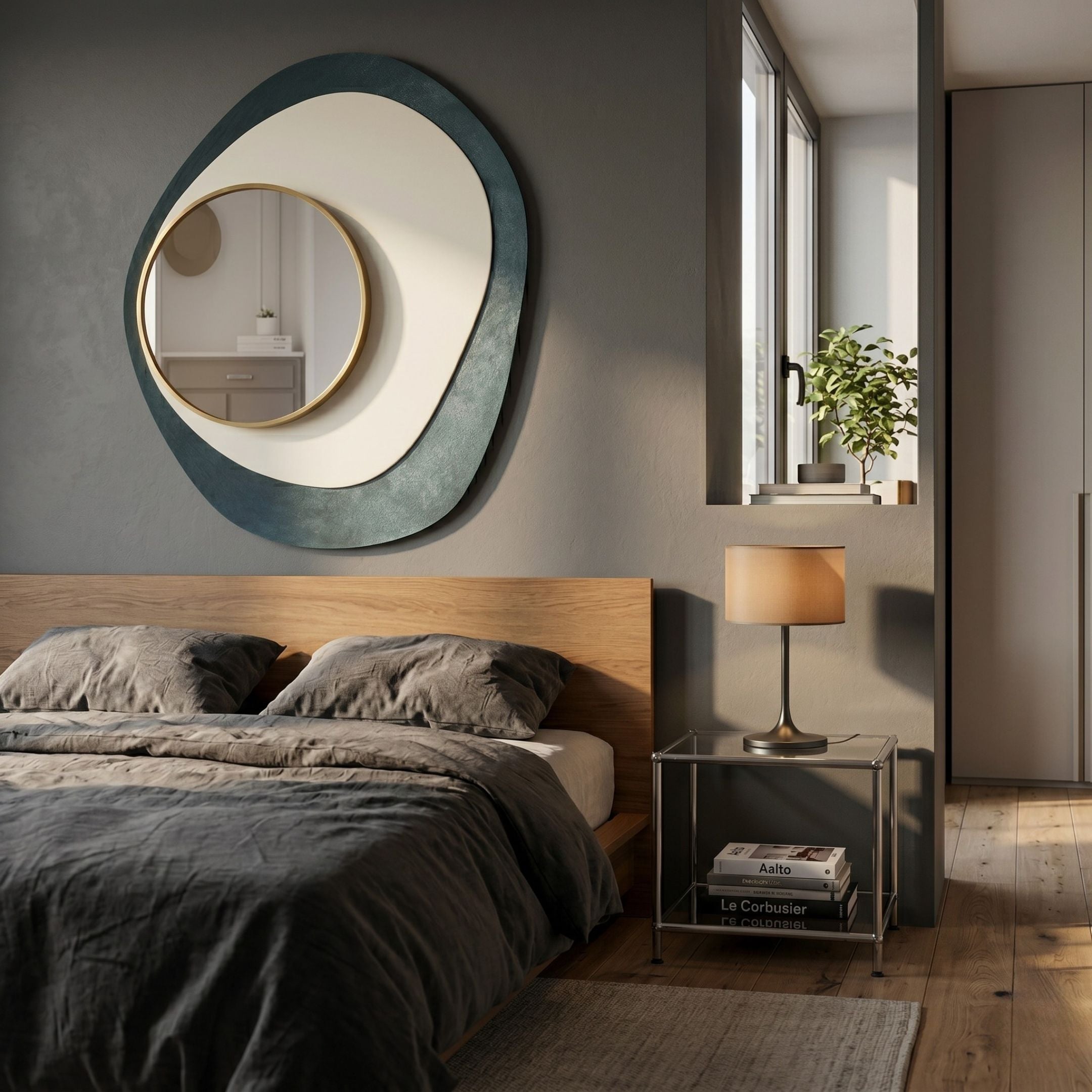 Orrana Blue & White Organic Round Mirror 3D Wall Art by Giant Sculptures displayed above a wooden headboard in a modern bedroom with grey linens and a bedside lamp.
