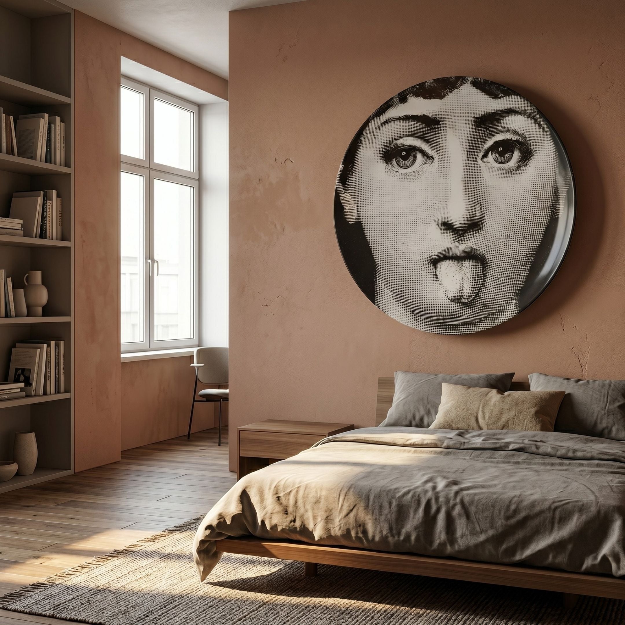 Lunoria Playful Tongue Face Round Wood Embossed Wall Art by Giant Sculptures mounted on a terracotta bedroom wall above a wooden bed with linen bedding.