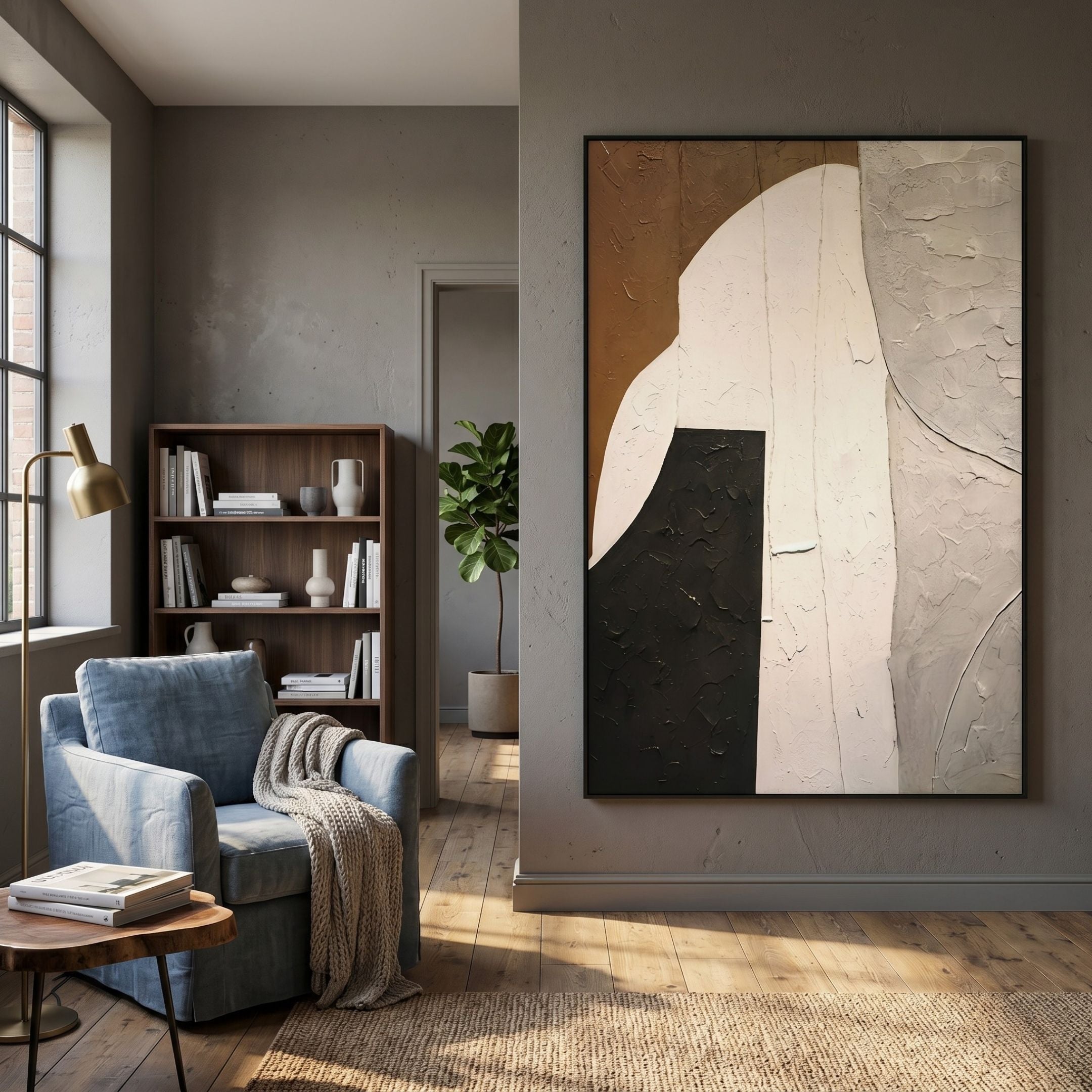 Terrayne V Hand-Painted Oil Canvas 3D Wall Art by Giant Sculptures in beige, brown, and black, displayed in a living room with a blue armchair and bookshelf.