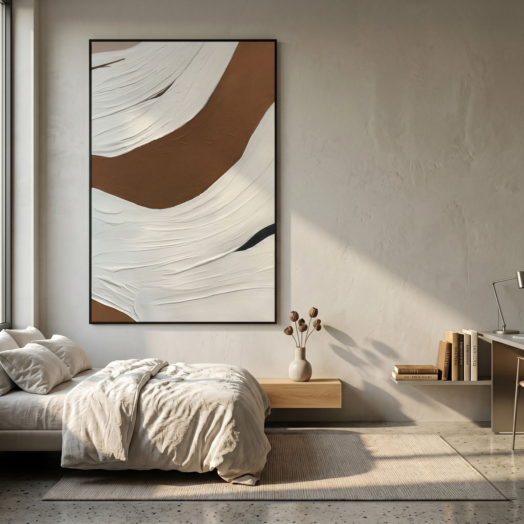 Terrayne III Hand-Painted Oil Canvas 3D Wall Art by Giant Sculptures, with cream impasto strokes over earthy brown, displayed above a linen-dressed bed in a wabi-sabi bedroom.
