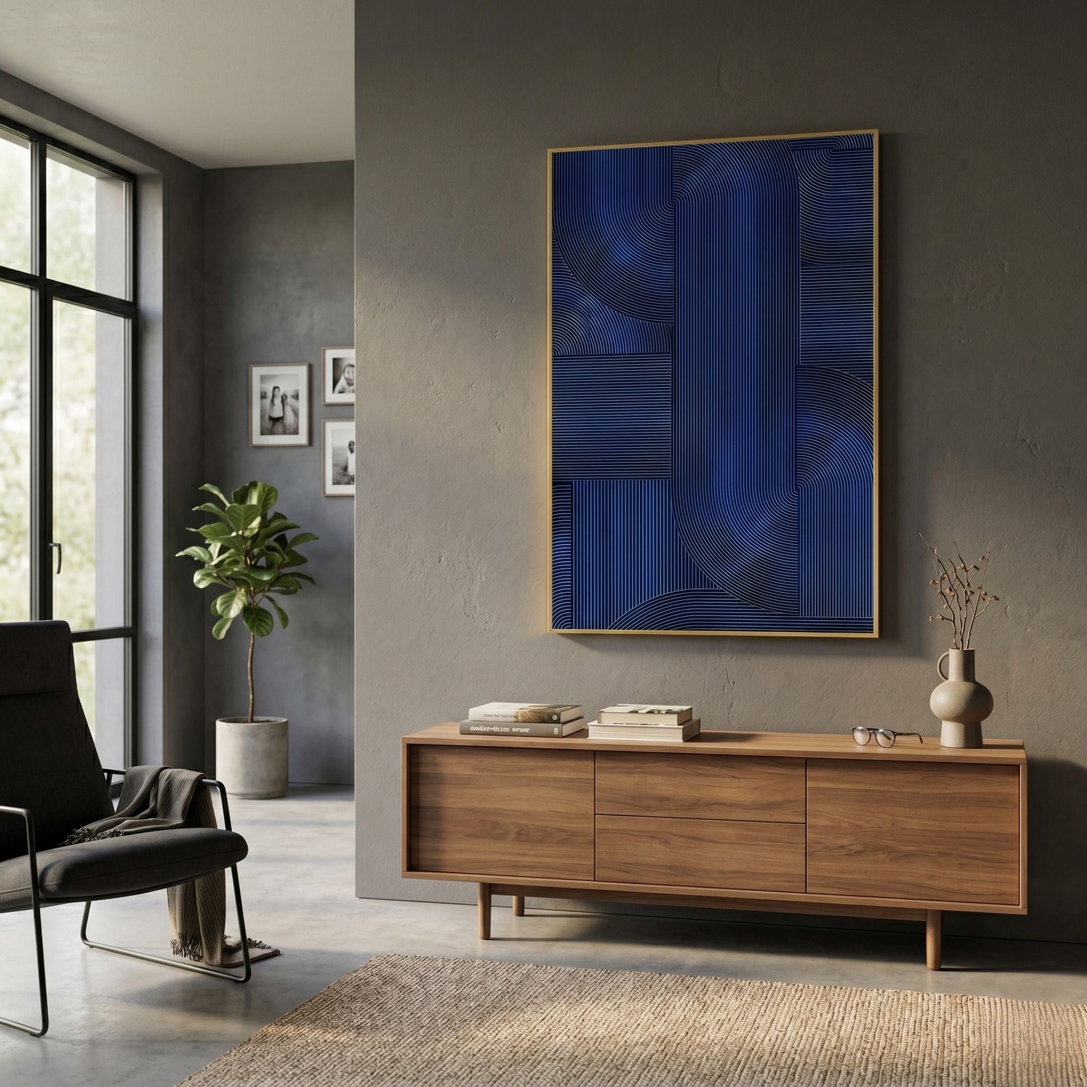 Linevo Blue Linear Geometry 3D Wall Art by Giant Sculptures displayed above a walnut sideboard in a grey-walled living room with armchair and plant.