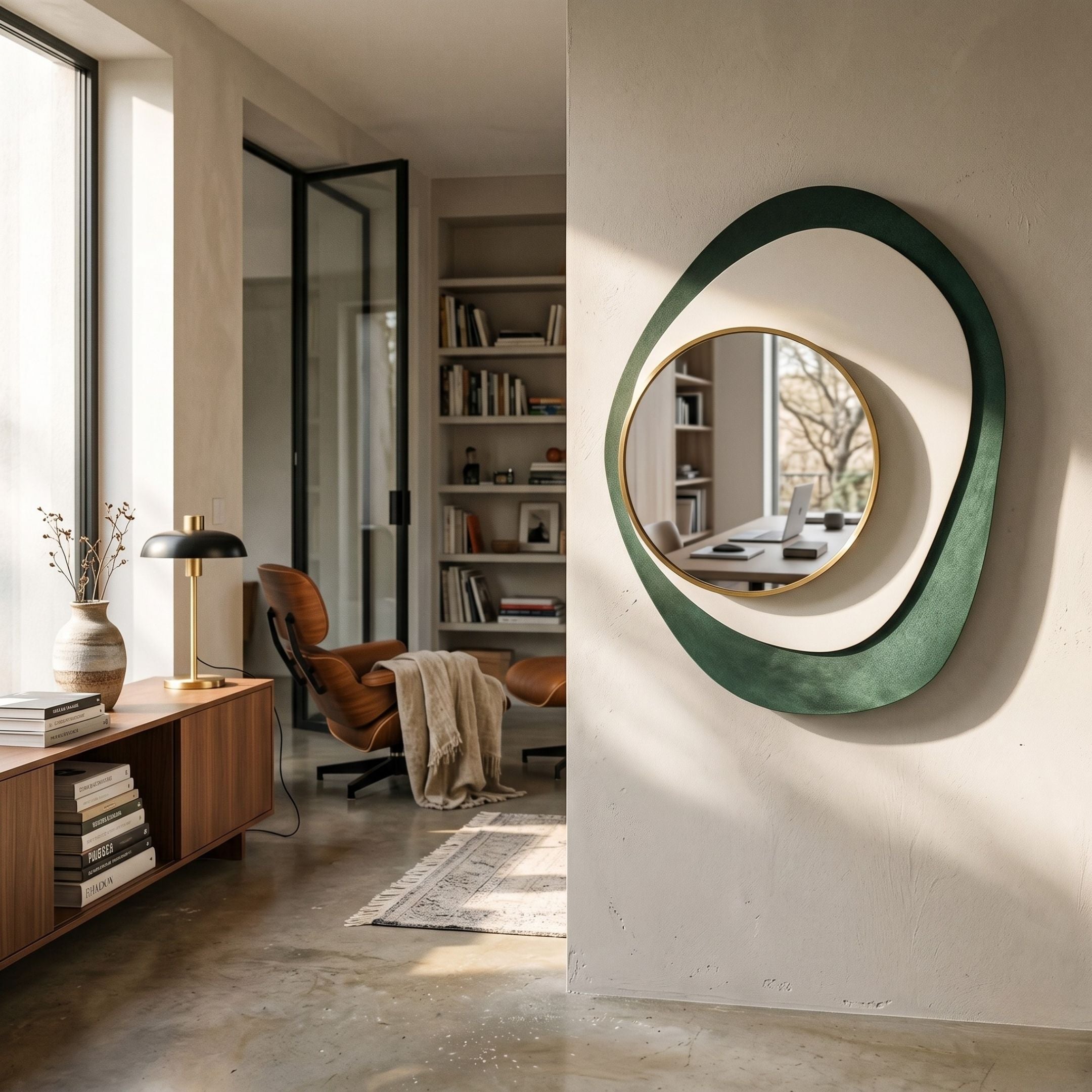Orrana Green & White Organic Round Mirror 3D Wall Art by Giant Sculptures mounted in a modern reading nook with leather lounge chair and bookshelves.