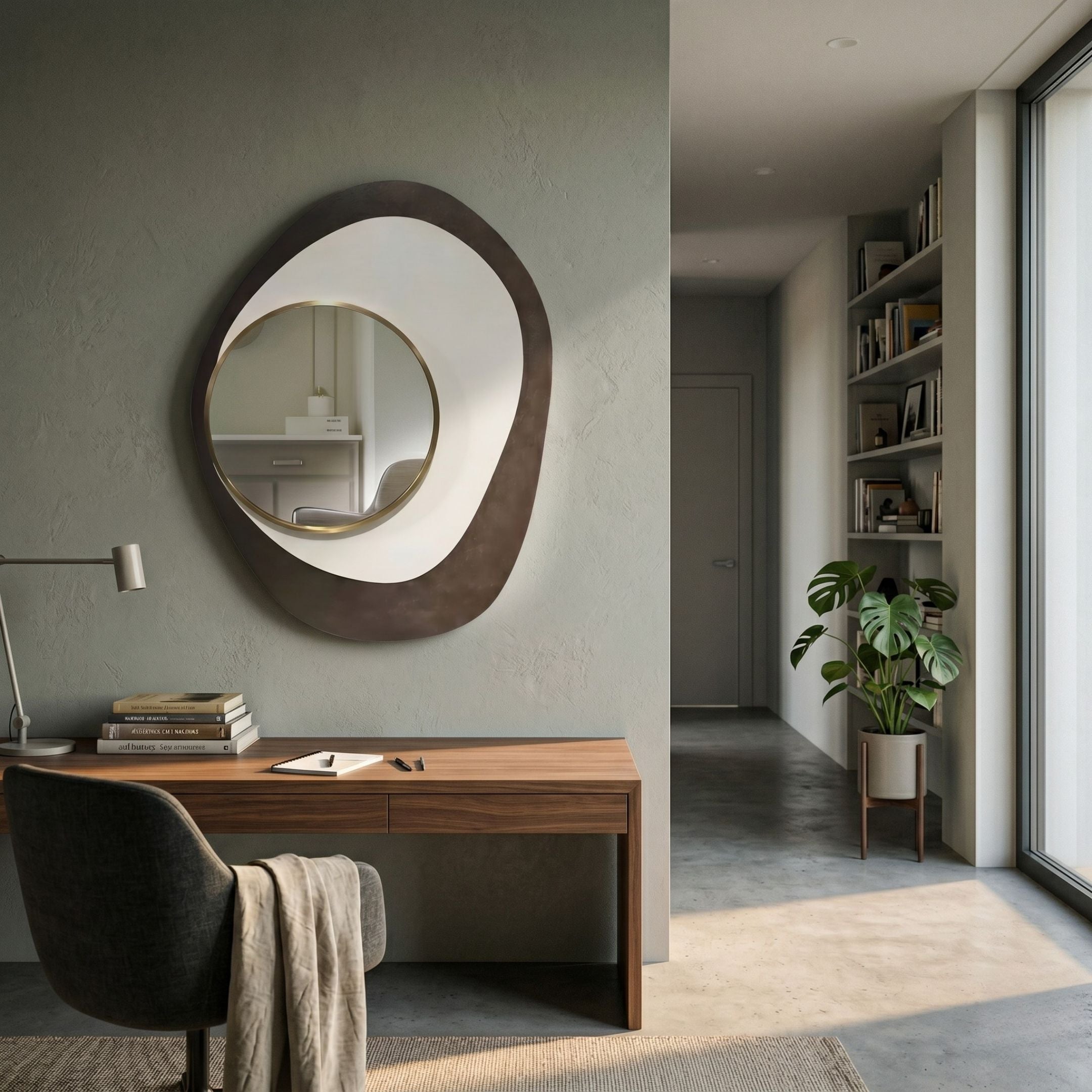 Orrana Bronze & White Organic Round Mirror 3D Wall Art by Giant Sculptures mounted above a walnut desk in a modern home office with hallway view.
