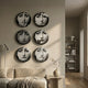 Lunoria Surreal Face 6-Set Round Wood Embossed Wall Art by Giant Sculptures, arranged in a two-column grid above a beige sofa in a neutral living room.