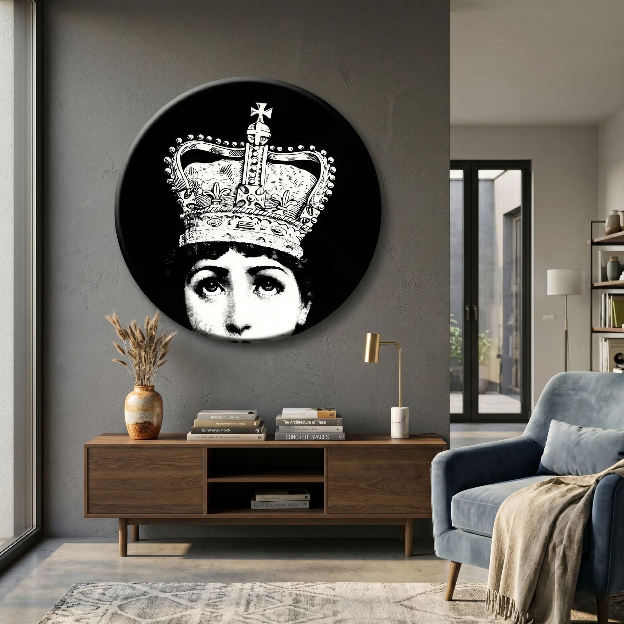 Lunoria Crowned Face Round Wood Embossed Wall Art mounted on a grey living room wall above a wooden console with books, vase, and blue armchair.